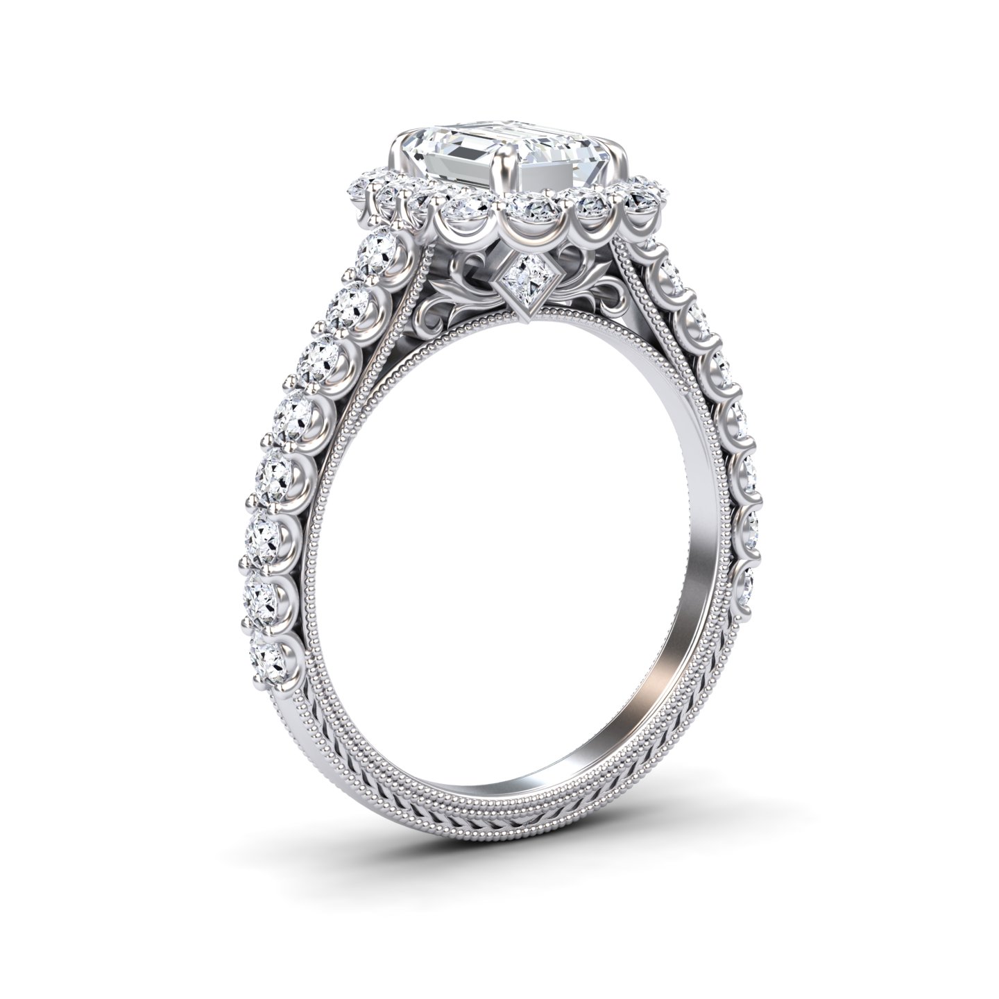 White Diamond Vintage-Inspired Scalloped Halo Engagement Ring - Rosalind