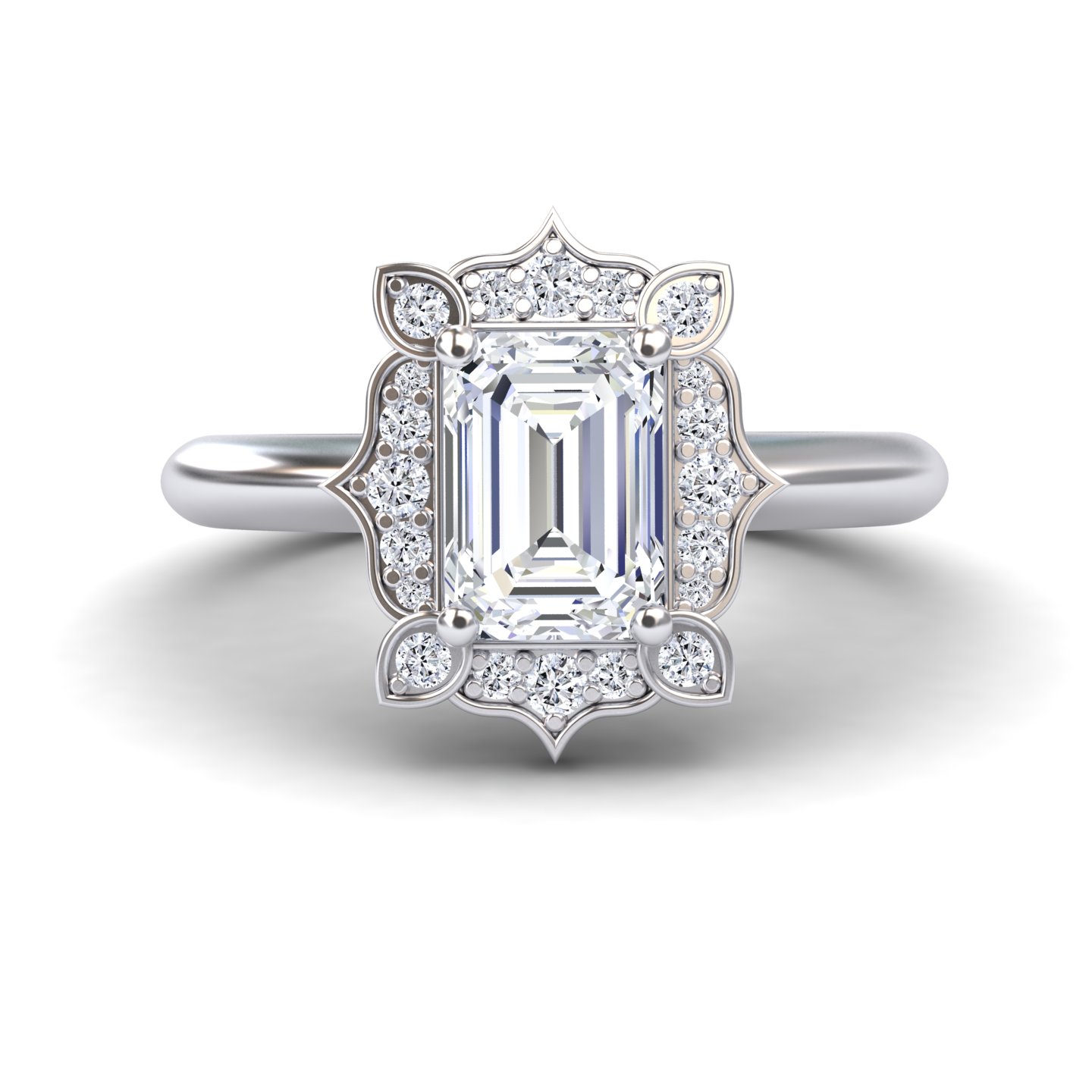 White Diamond Floral Halo Milgrain Petal-Inspired Accented Engagement Ring - Mulan