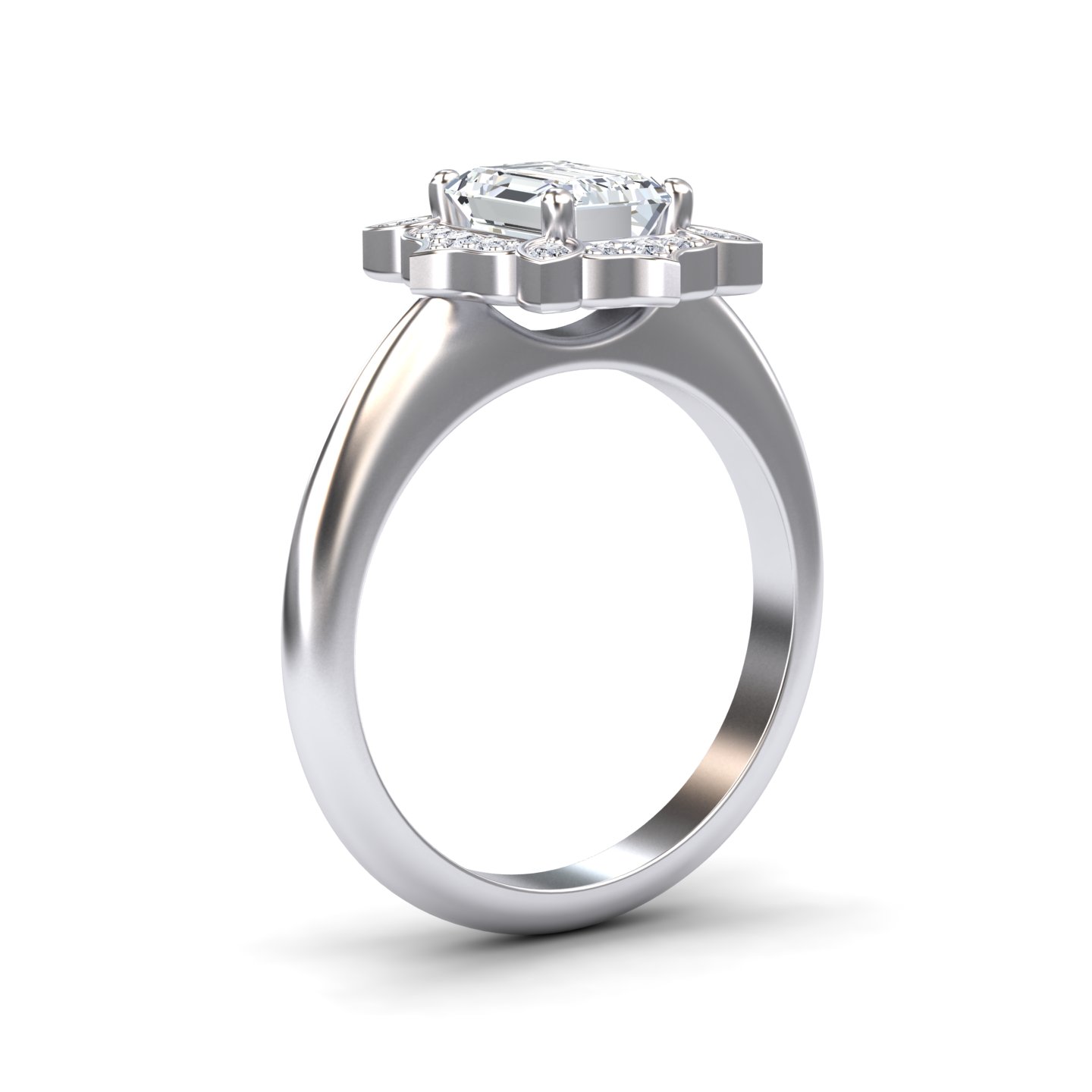 White Diamond Floral Halo Milgrain Petal-Inspired Accented Engagement Ring - Mulan