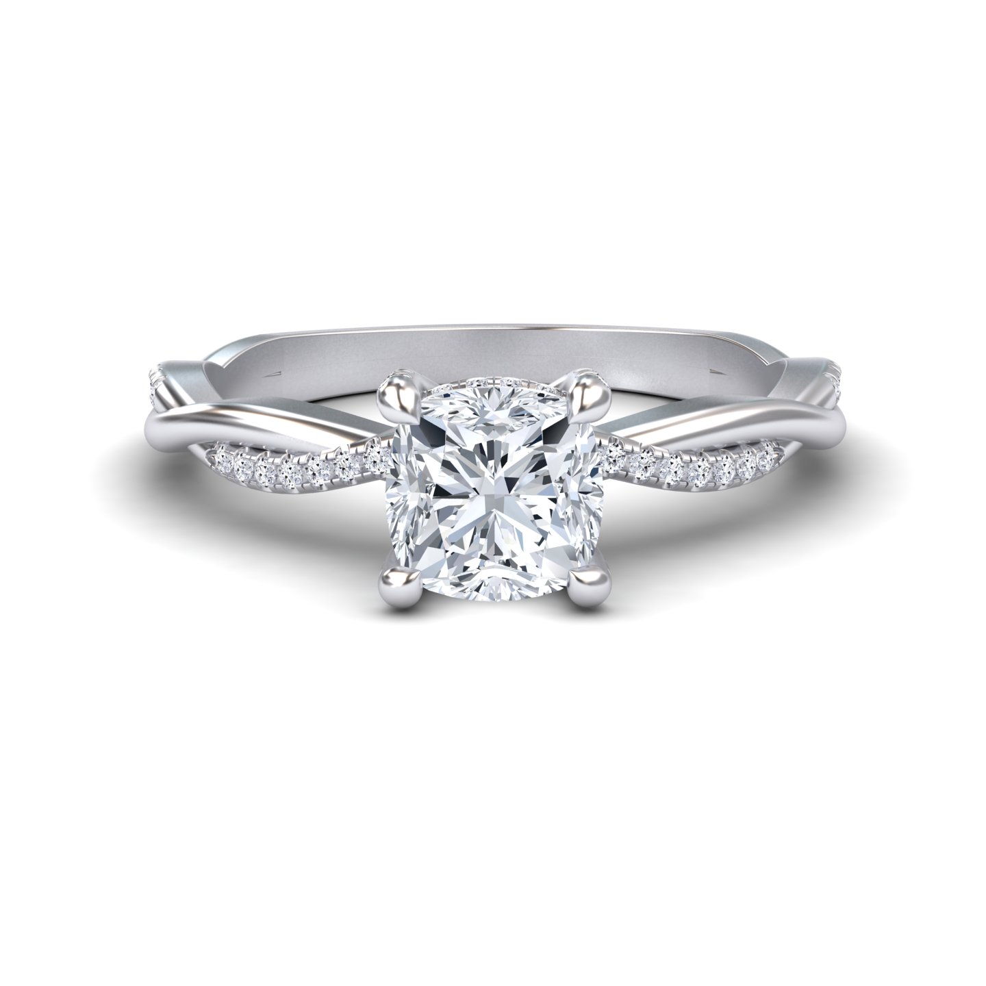 White Diamond Twisted Pave Shank Hidden Halo Engagement Ring - Yunru