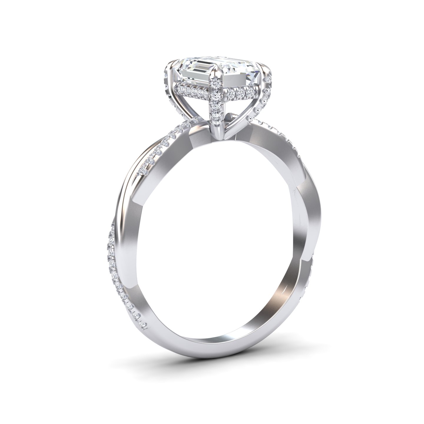 White Diamond Twisted Pave Shank Hidden Halo Engagement Ring - Yunru