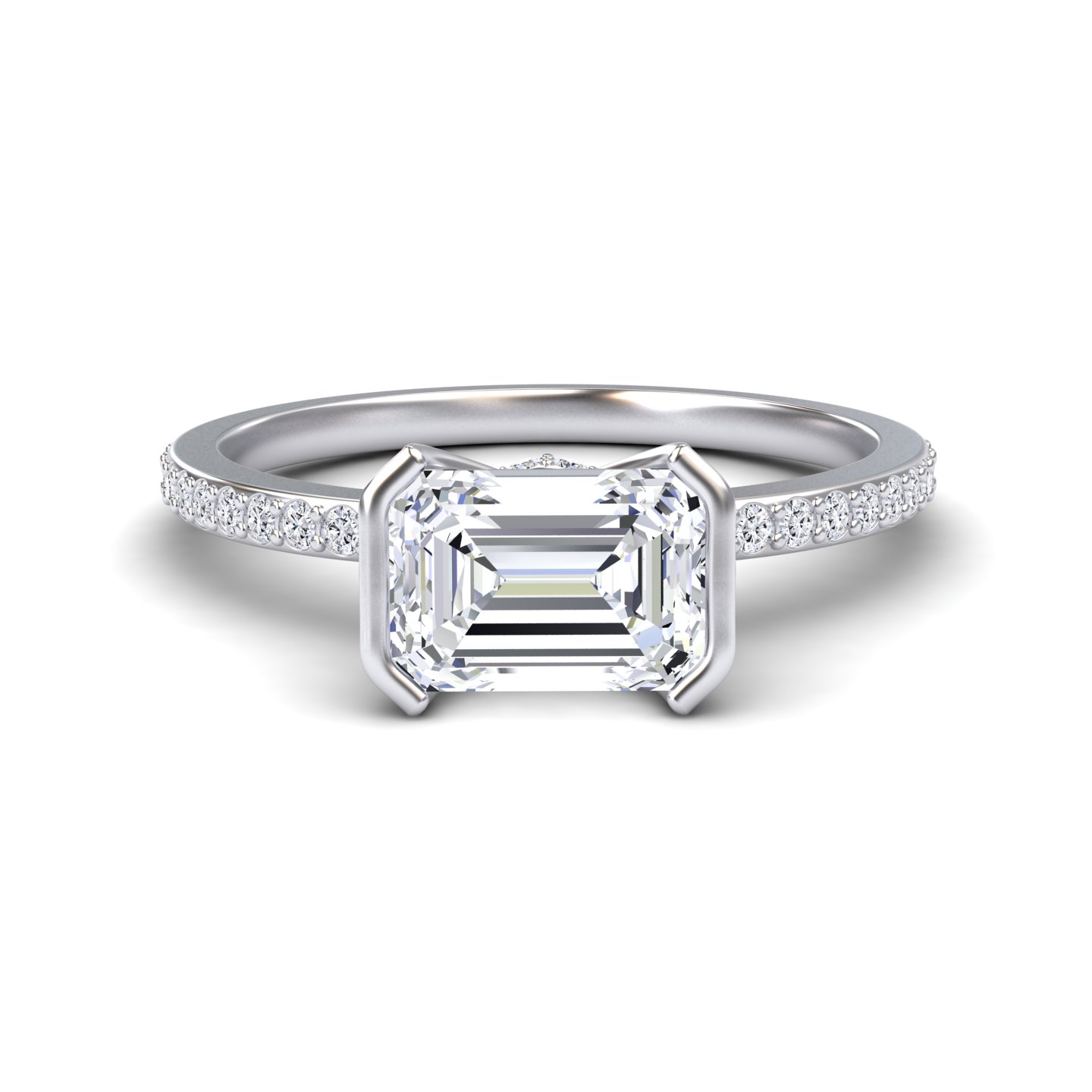 White Diamond Pave Hidden Halo Bezel Solitaire Accented Engagement Ring - Yueqin