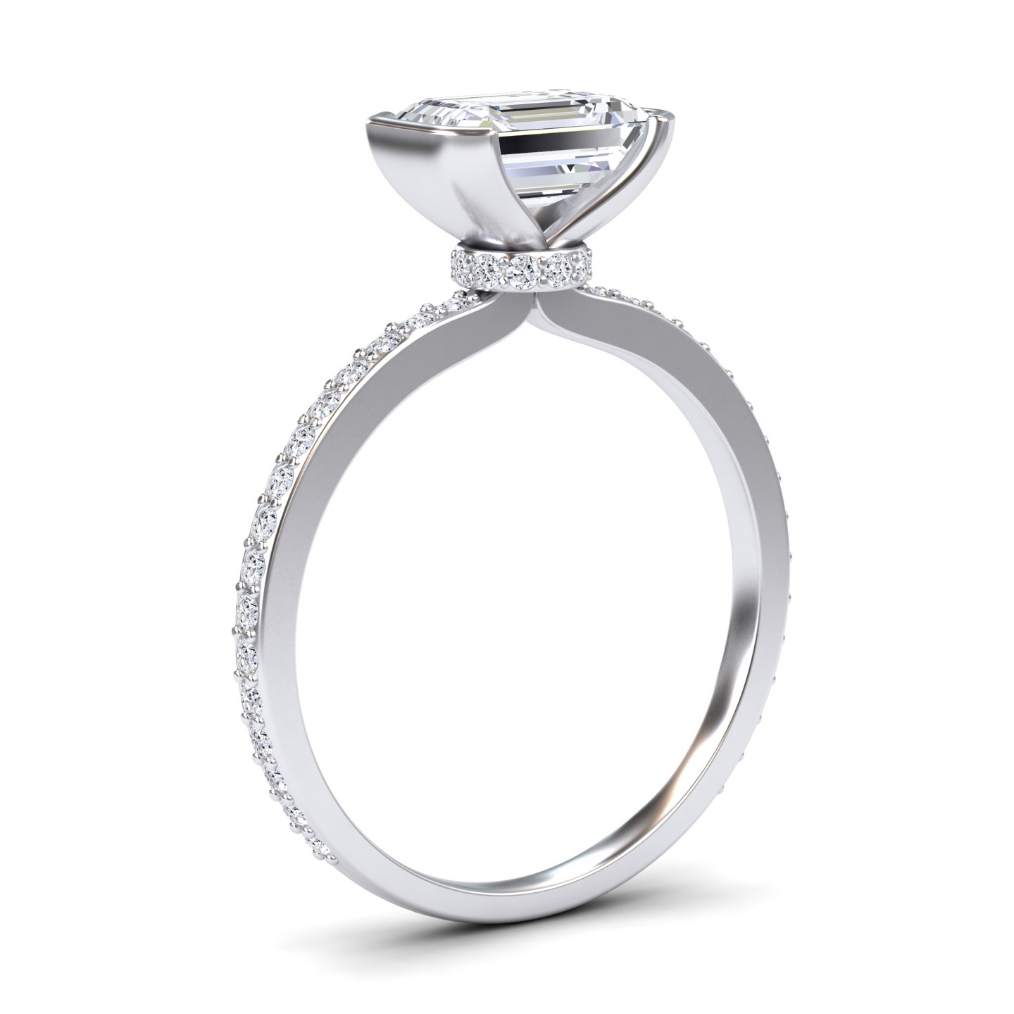 White Diamond Pave Hidden Halo Bezel Solitaire Accented Engagement Ring - Yueqin