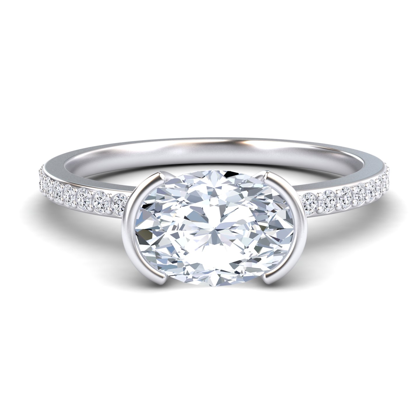 White Diamond Pave Hidden Halo Bezel Solitaire Accented Engagement Ring - Yueqin
