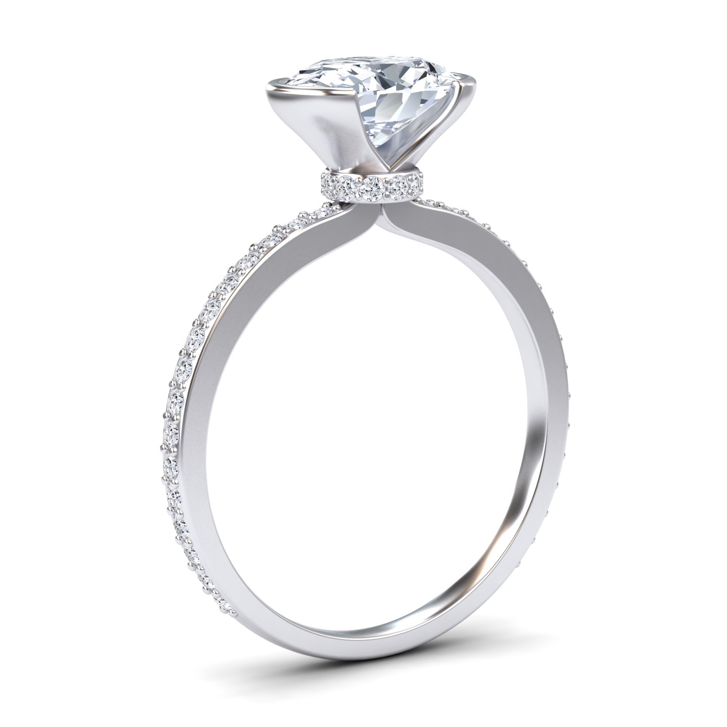 White Diamond Pave Hidden Halo Bezel Solitaire Accented Engagement Ring - Yueqin