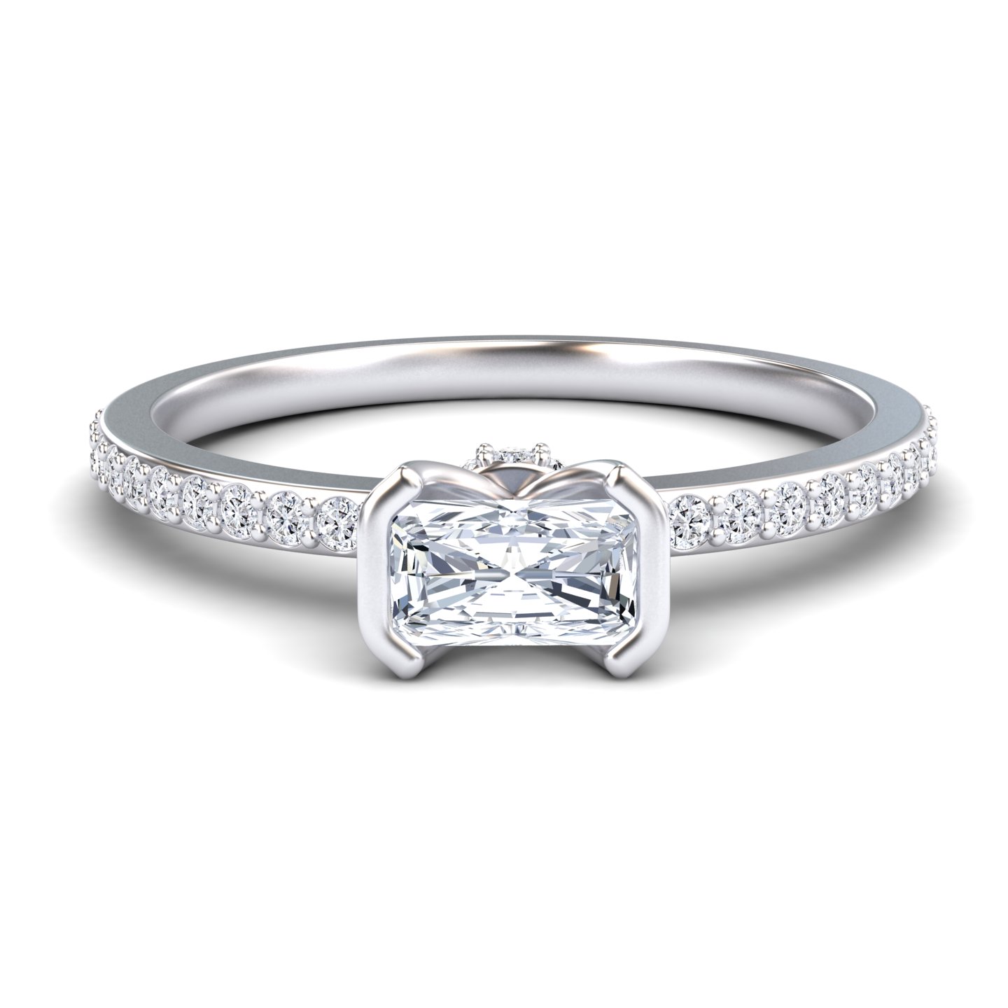 White Diamond Pave Hidden Halo Bezel Solitaire Accented Engagement Ring - Yueqin