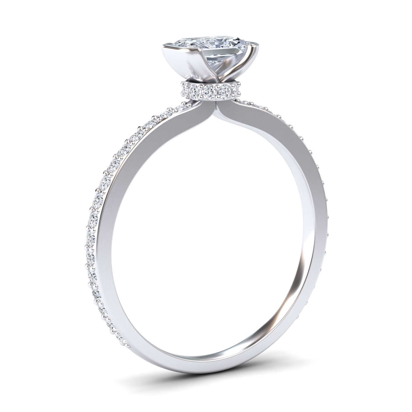 White Diamond Pave Hidden Halo Bezel Solitaire Accented Engagement Ring - Yueqin
