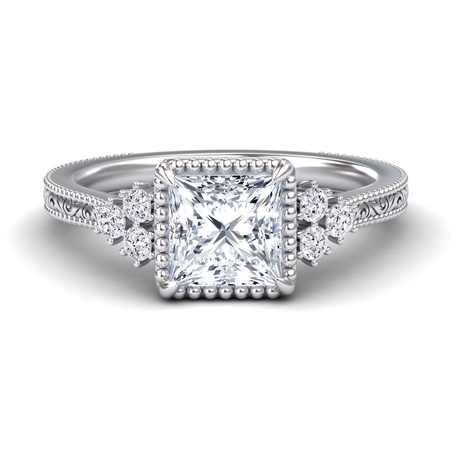 White Diamond Vintage Milgrain Accented Engagement Ring - Gracelyn