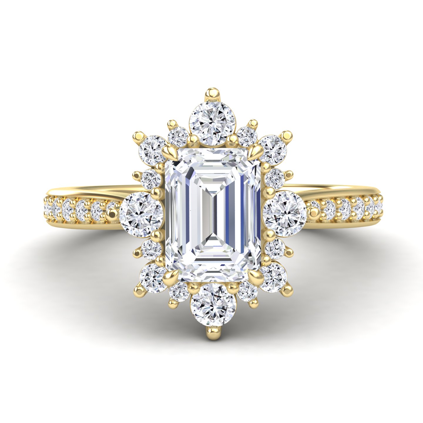 White Diamond Three-Stone Starburst Halo Pave Accented Engagement Ring - Heather