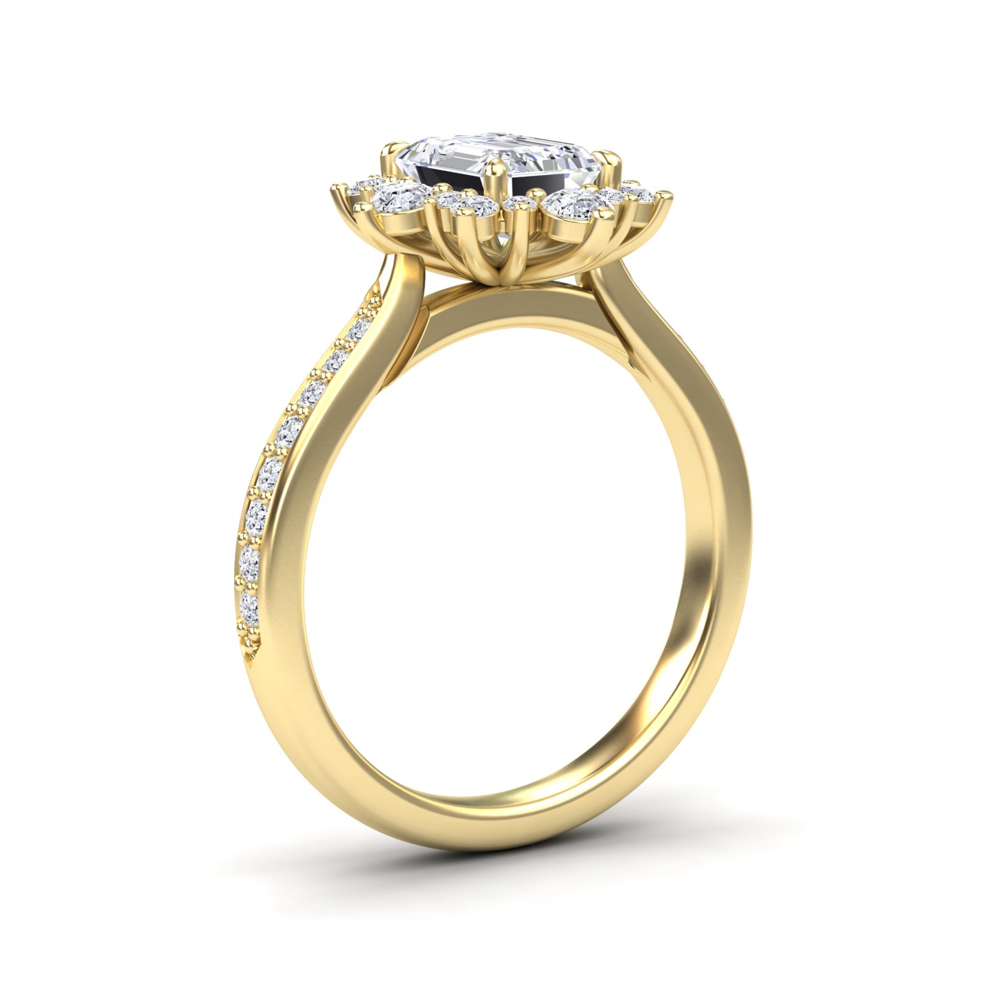 White Diamond Three-Stone Starburst Halo Pave Accented Engagement Ring - Heather