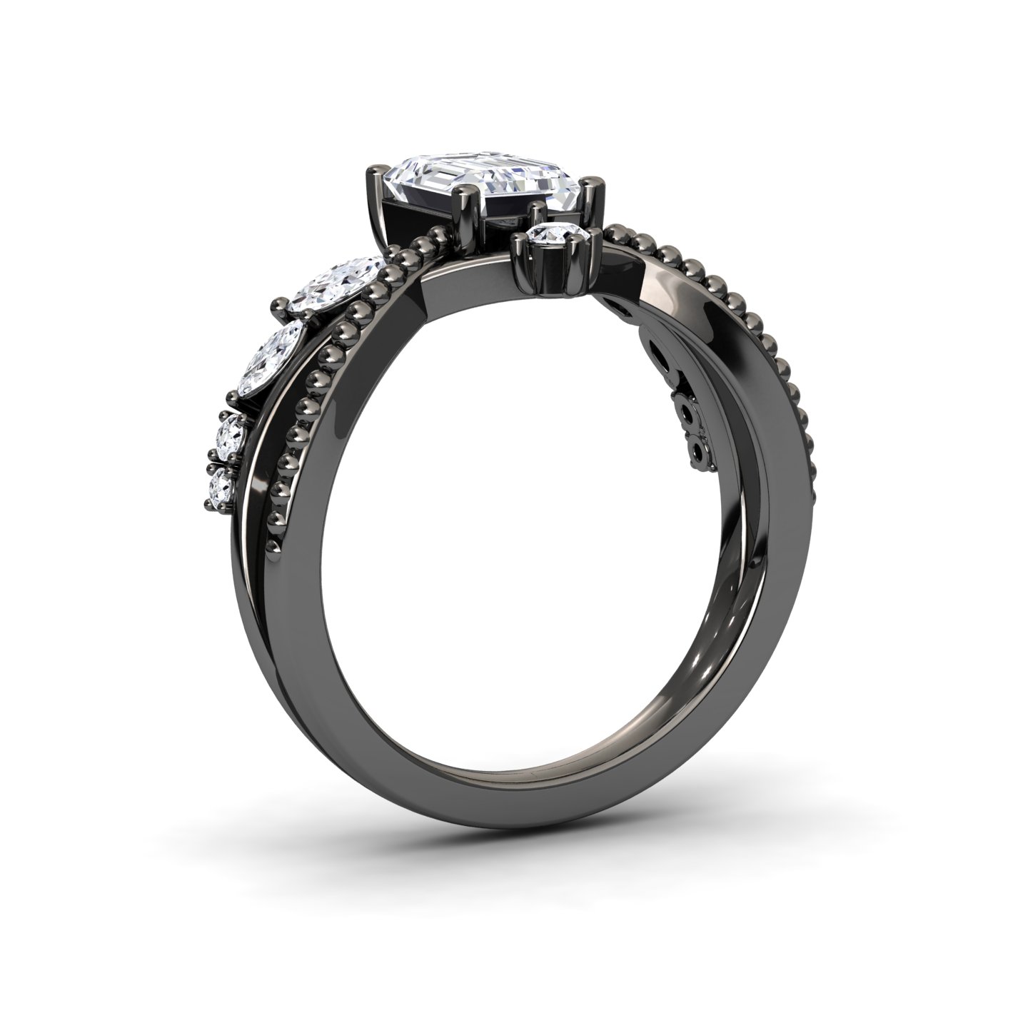 White Diamond Leaf-Inspired Twisted Milgrain Band Engagement Ring - Shulan