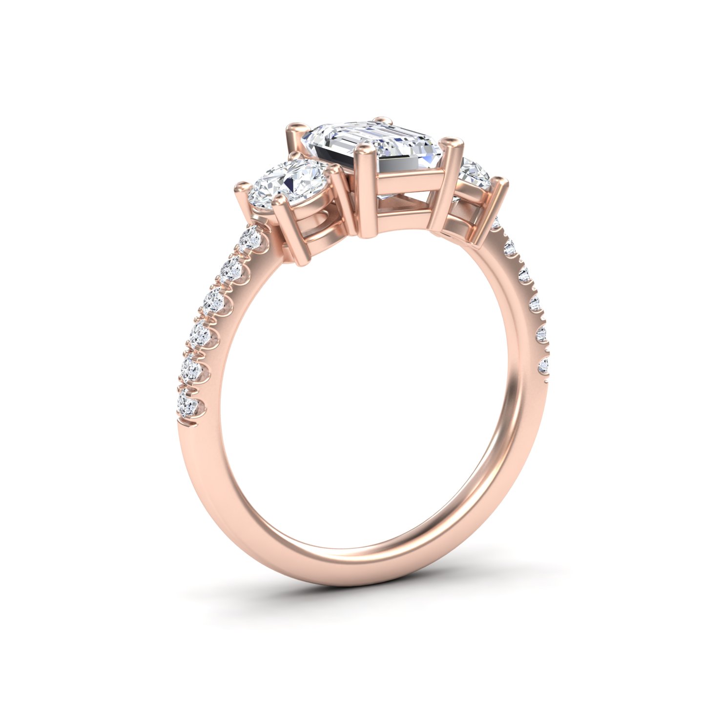 White Diamond Elegant Pave Band Three Stone Engagement Ring - Linda