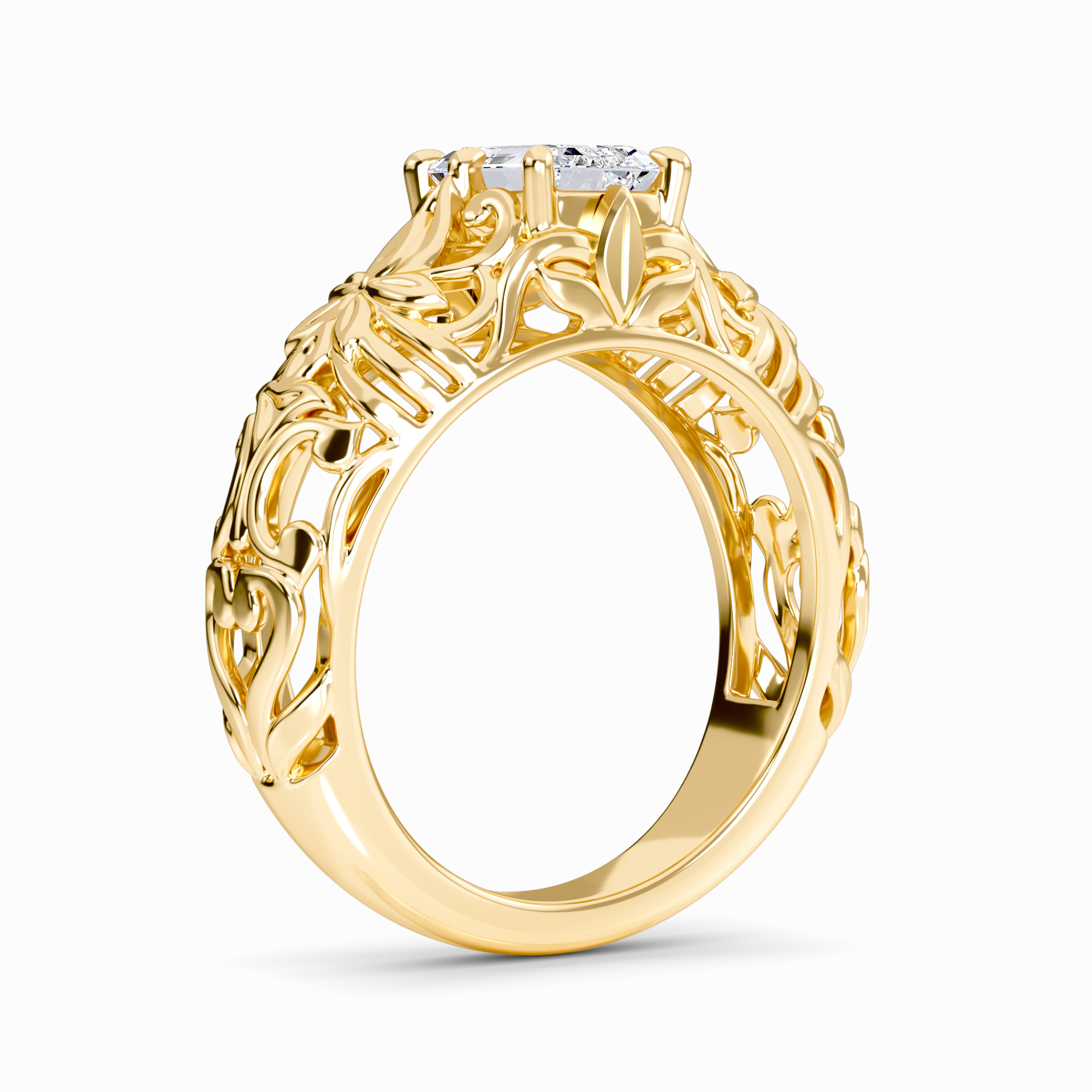 White Diamond Floral Engraved Vintage Engagement Ring - Briar