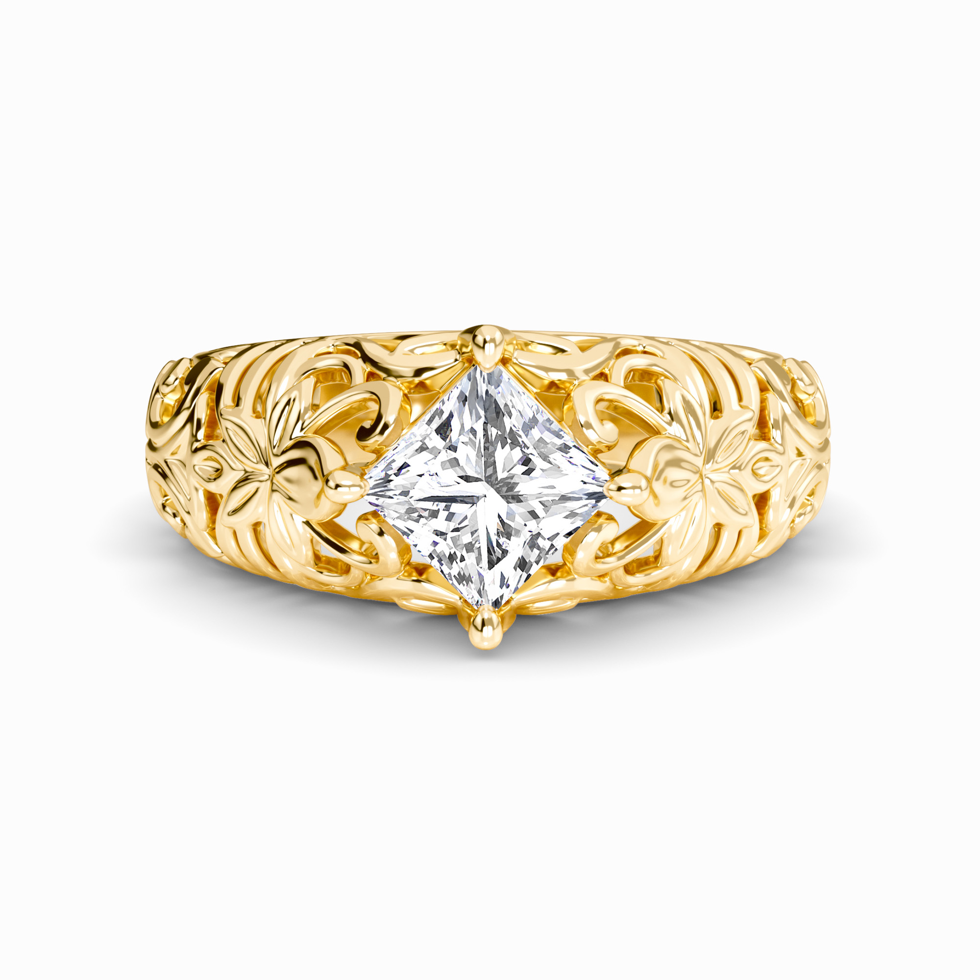 White Diamond Floral Engraved Vintage Engagement Ring - Briar
