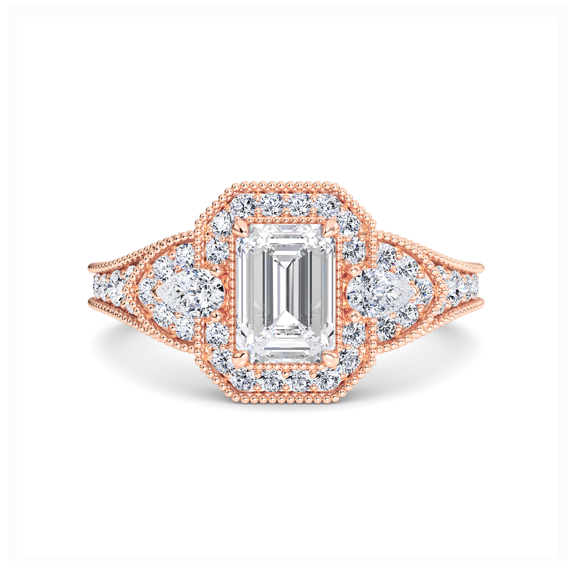 White Diamond Three Stone Halo Pave Engagement Ring - Scout