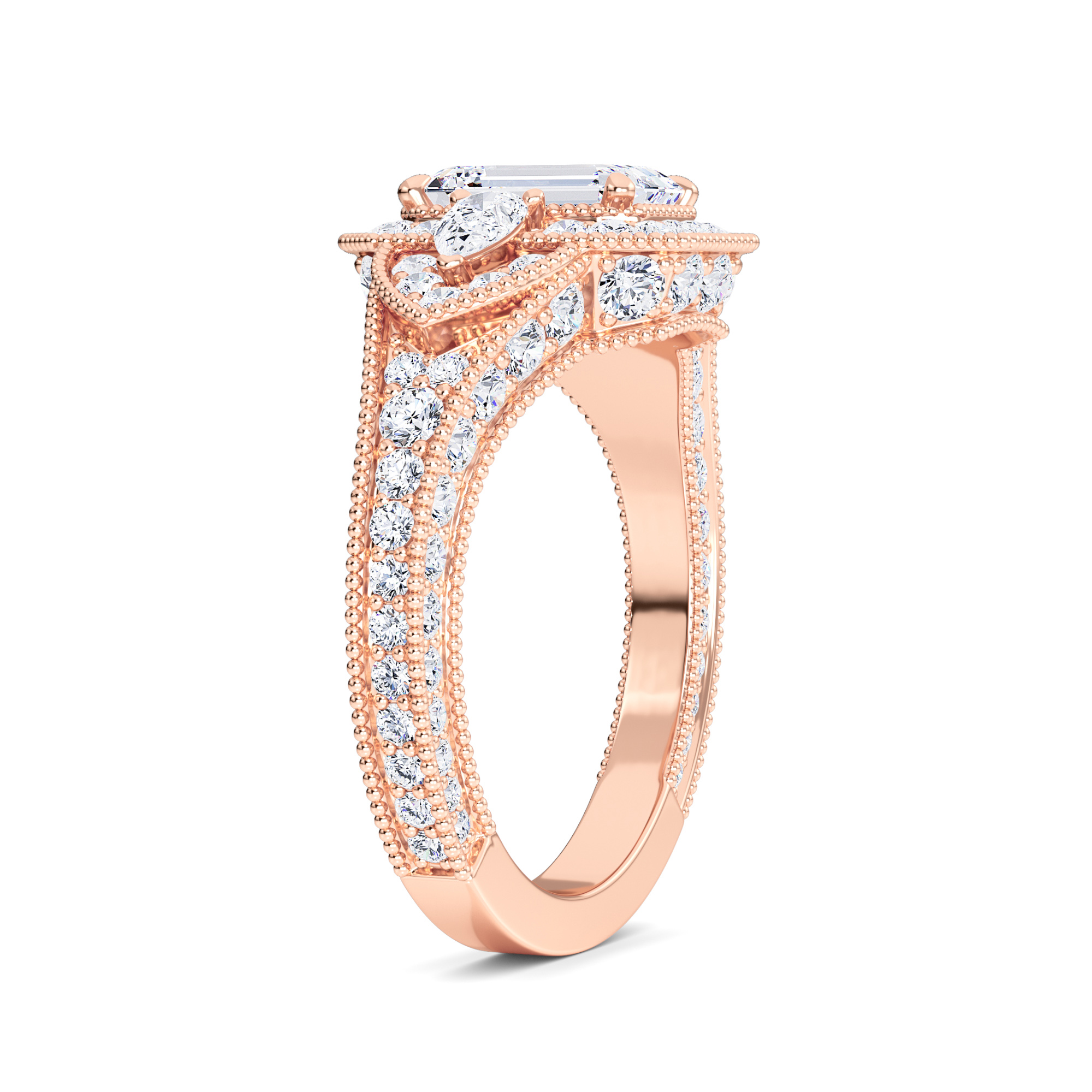 White Diamond Three Stone Halo Pave Engagement Ring - Scout