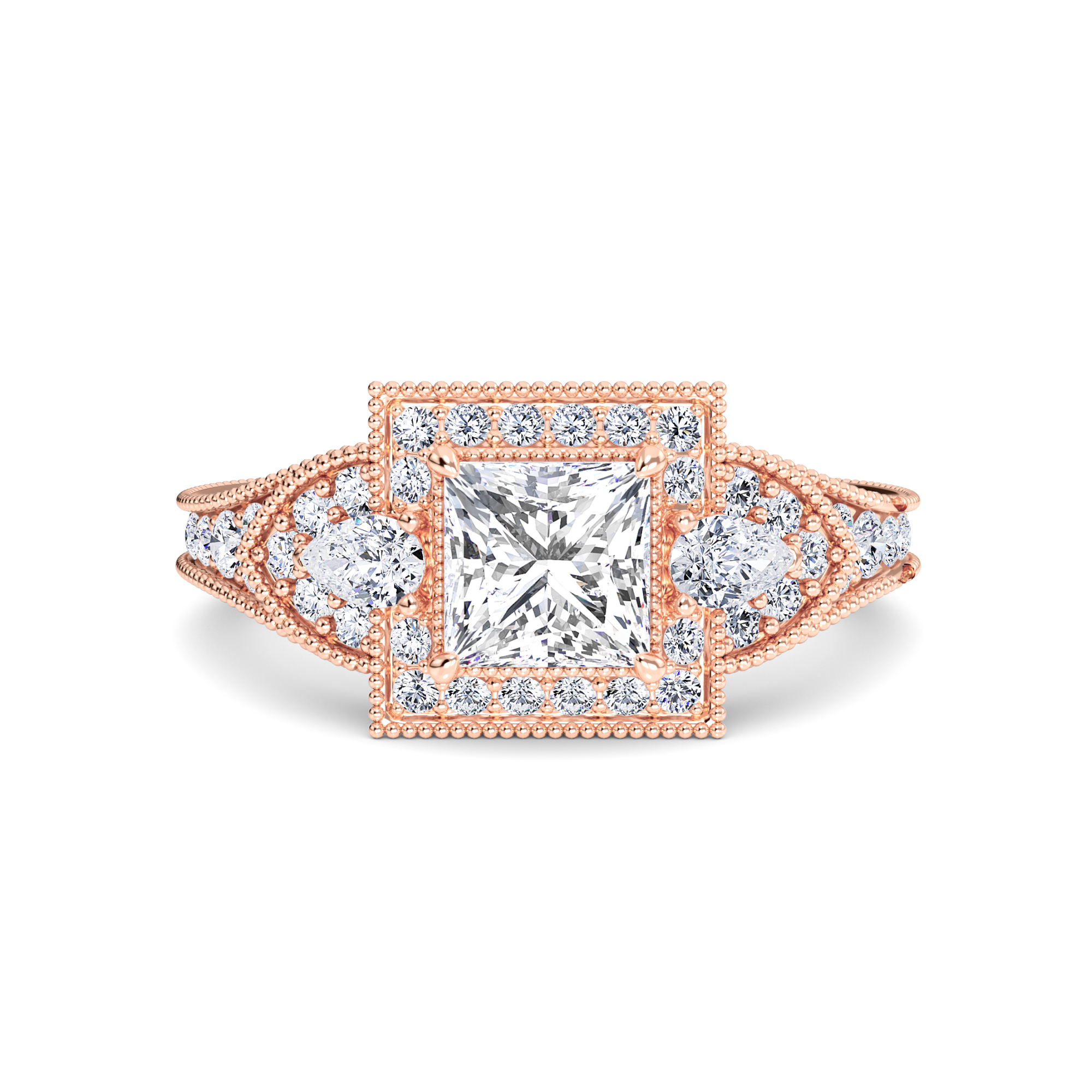 White Diamond Three Stone Halo Pave Engagement Ring - Scout