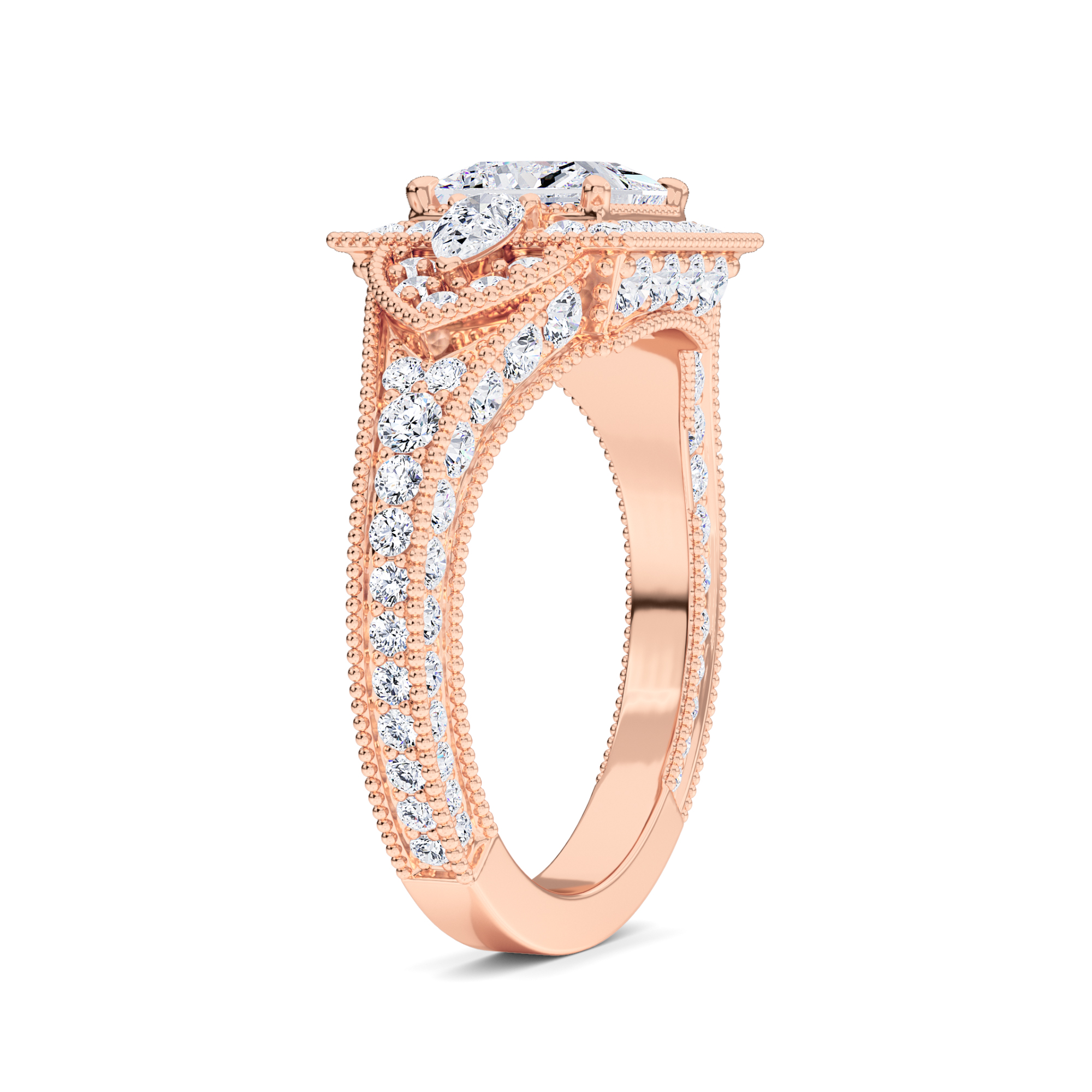 White Diamond Three Stone Halo Pave Engagement Ring - Scout