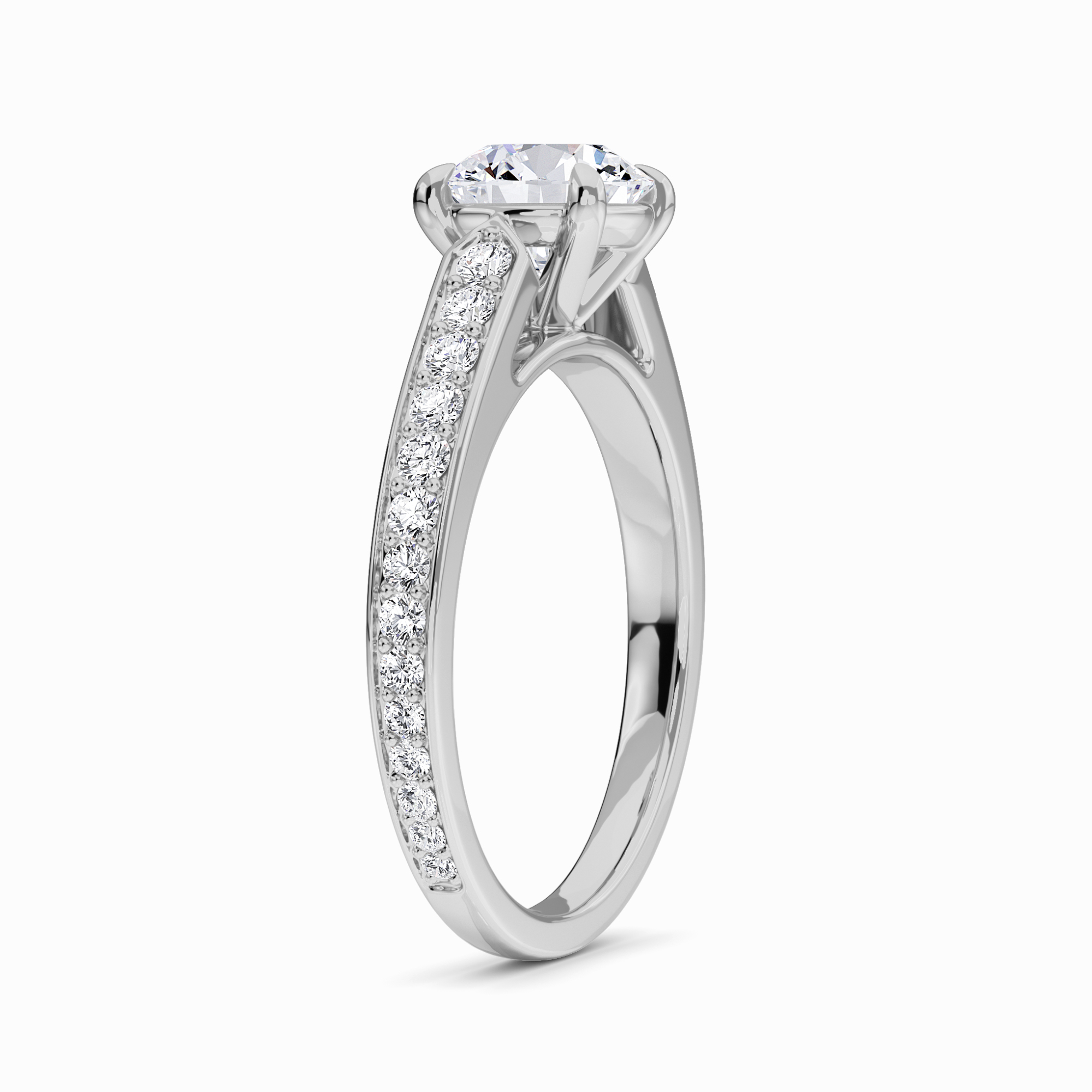 White Diamond Pave Shoulder Solitaire Engagement Ring - Caixia