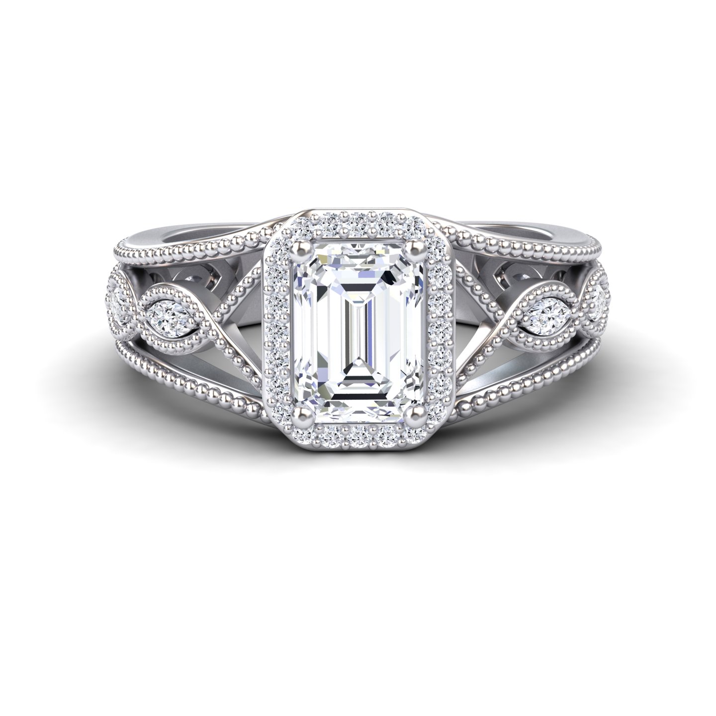 White Diamond Vintage-Inspired Halo Milgrain Marquise Accented Engagement Ring - Angela