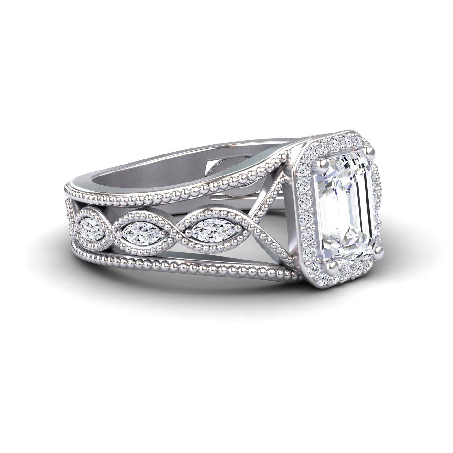 White Diamond Vintage-Inspired Halo Milgrain Marquise Accented Engagement Ring - Angela