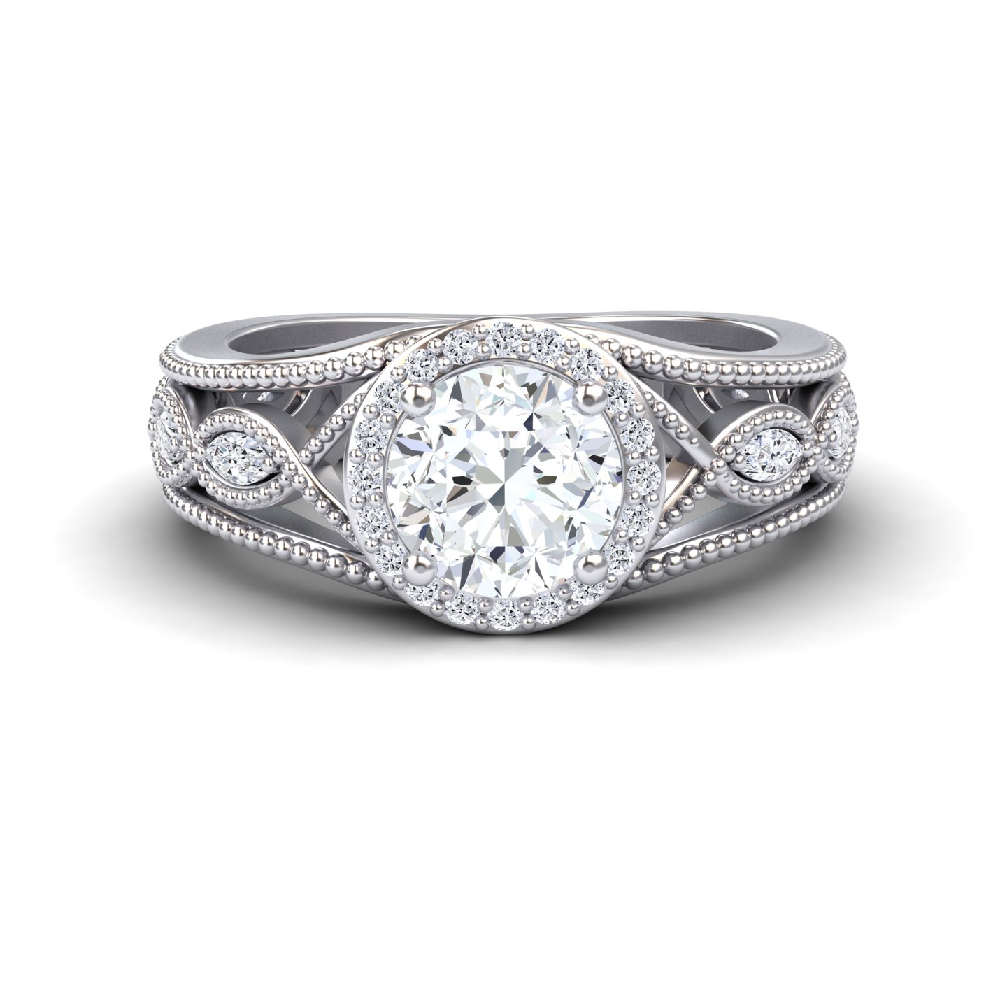 White Diamond Vintage-Inspired Halo Milgrain Marquise Accented Engagement Ring - Angela