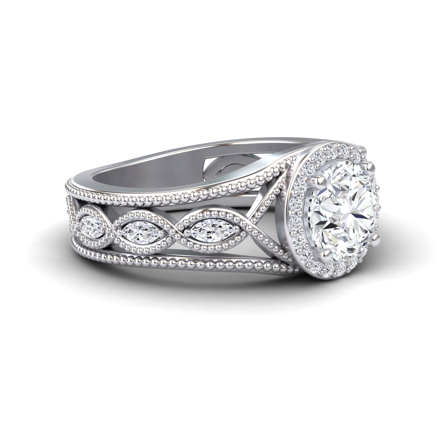 White Diamond Vintage-Inspired Halo Milgrain Marquise Accented Engagement Ring - Angela
