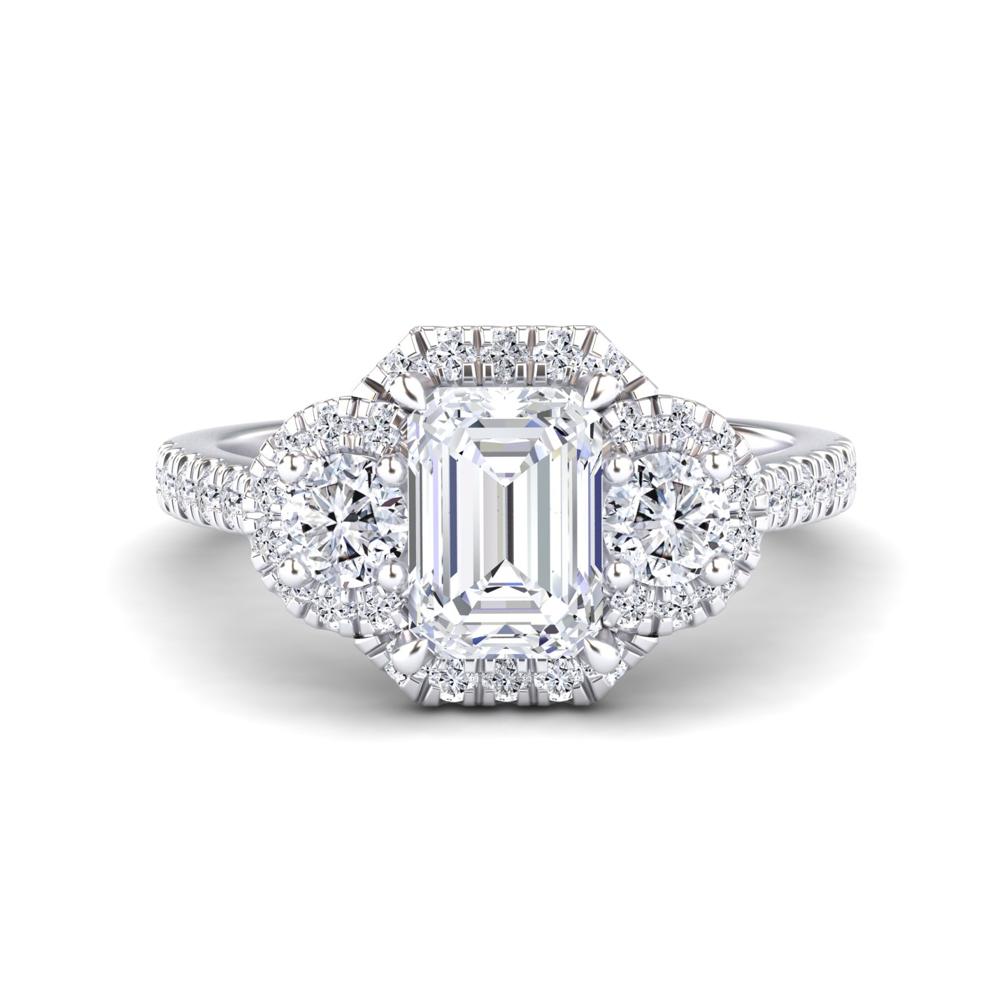 White Diamond Pave Band Three Stone Halo Engagement Ring - Yiran