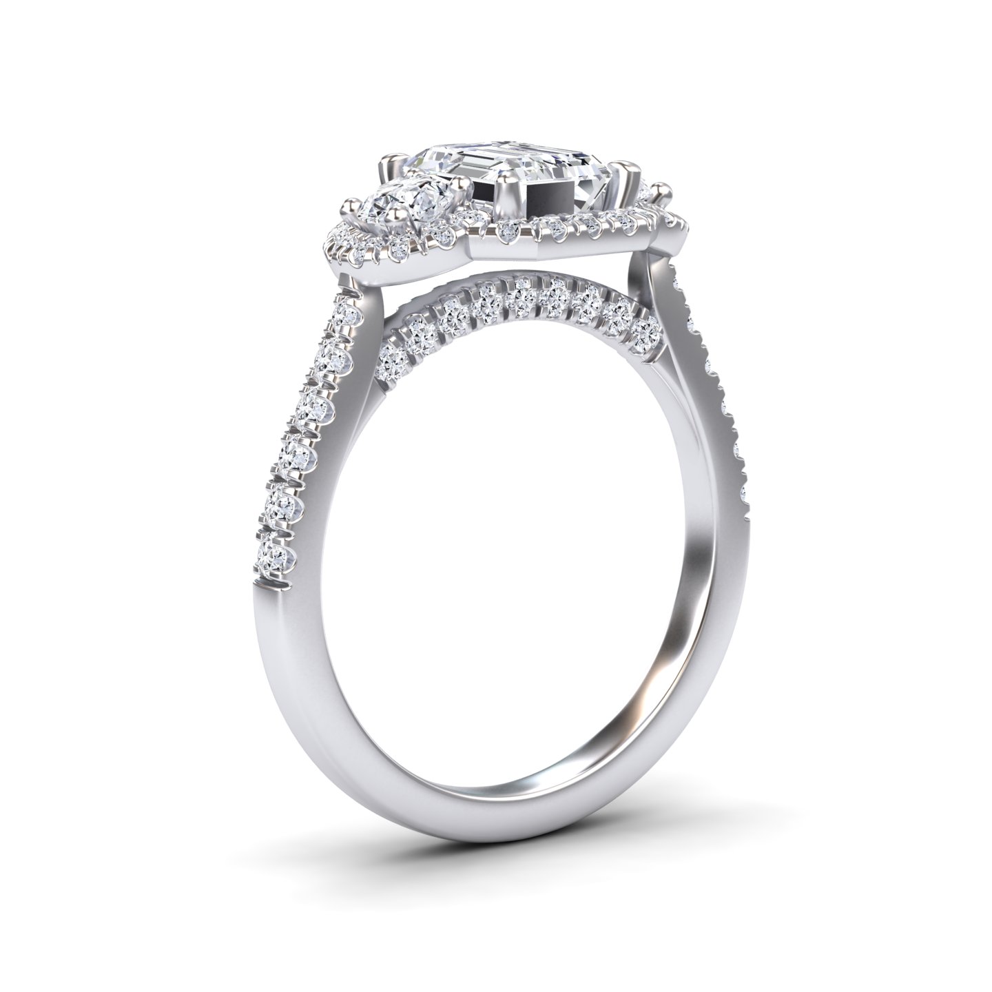 White Diamond Pave Band Three Stone Halo Engagement Ring - Yiran