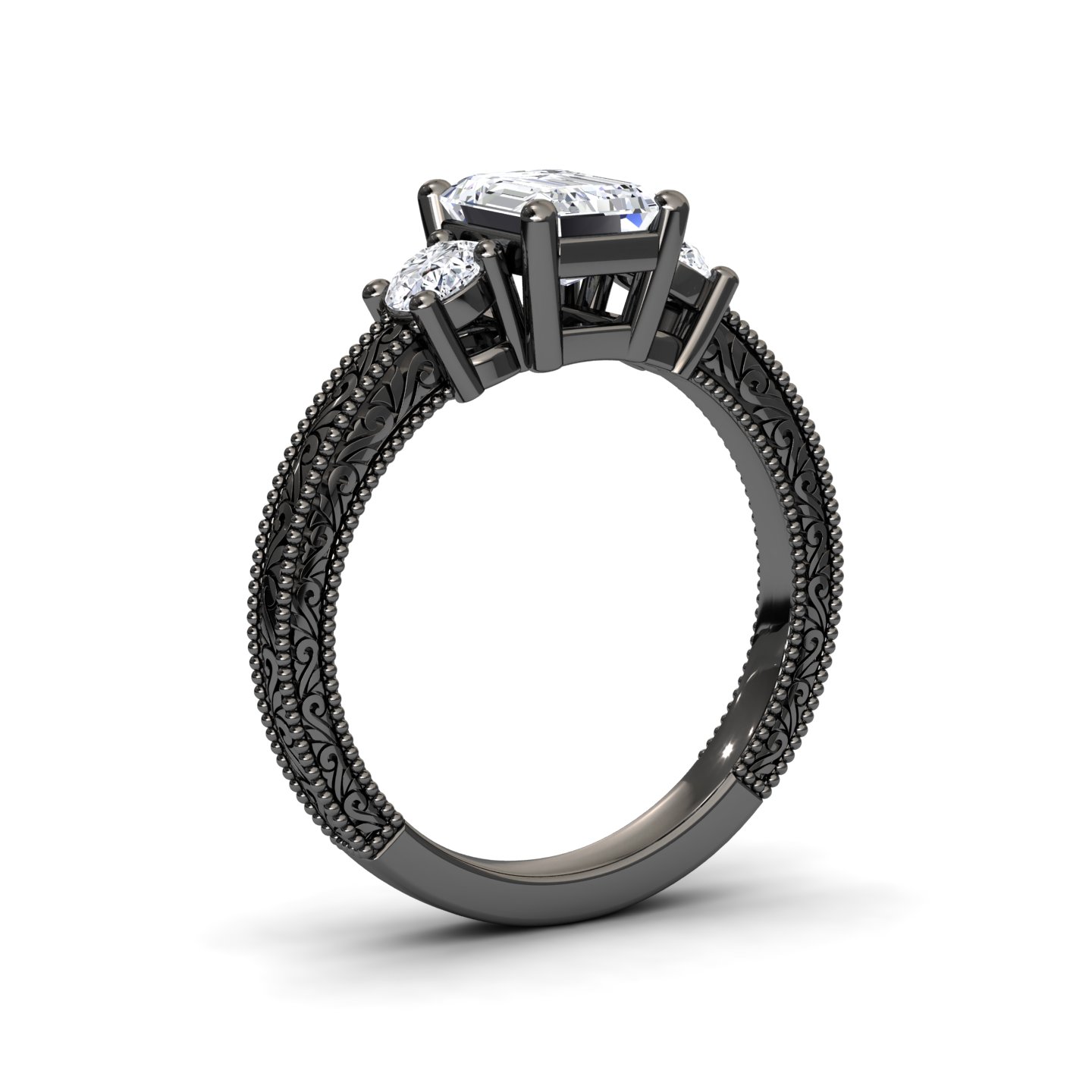 White Diamond Three-Stone Vintage Accented Engagement Ring - Jessica