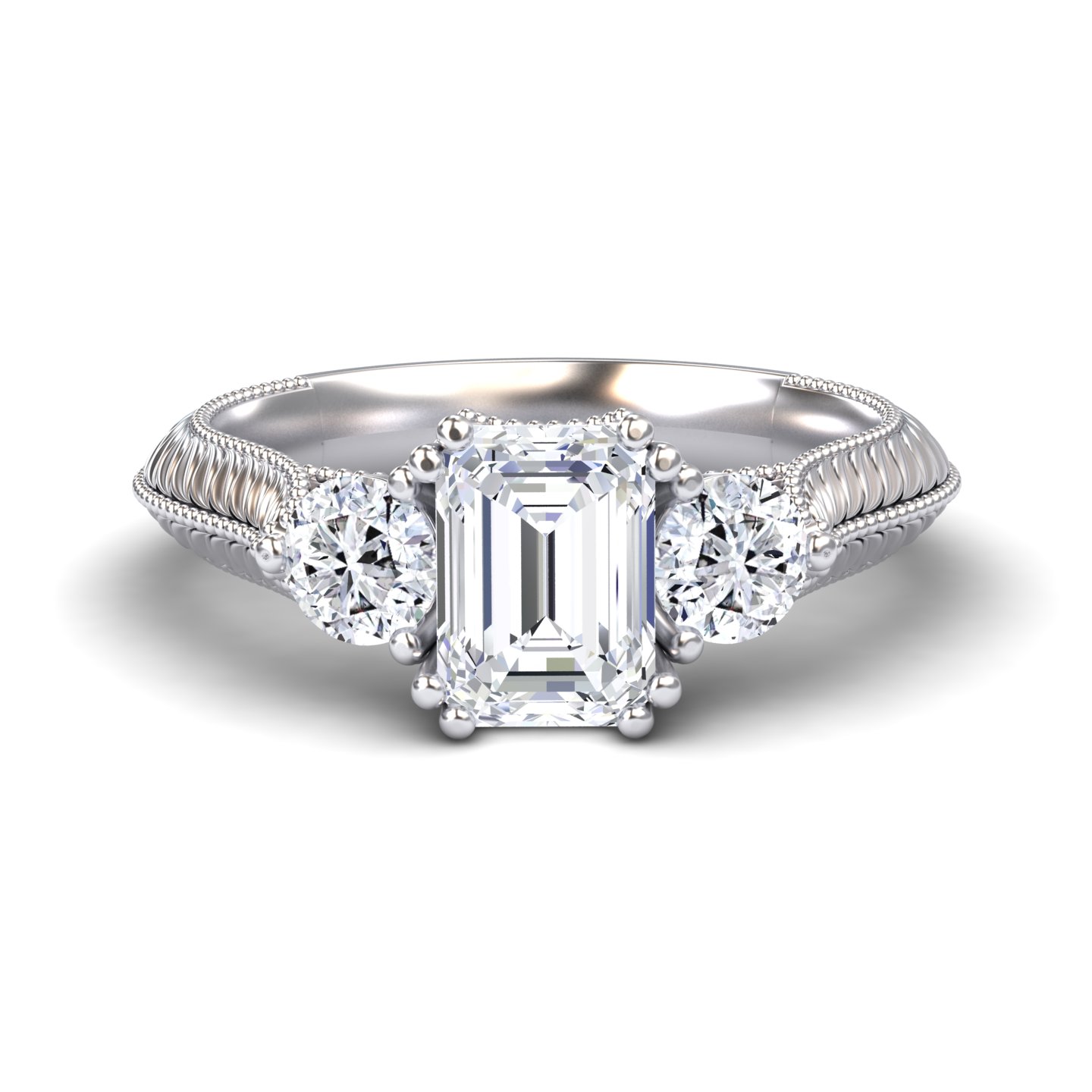 White Diamond Vintage Three-Stone Milgrain Engagement Ring - Kathryn