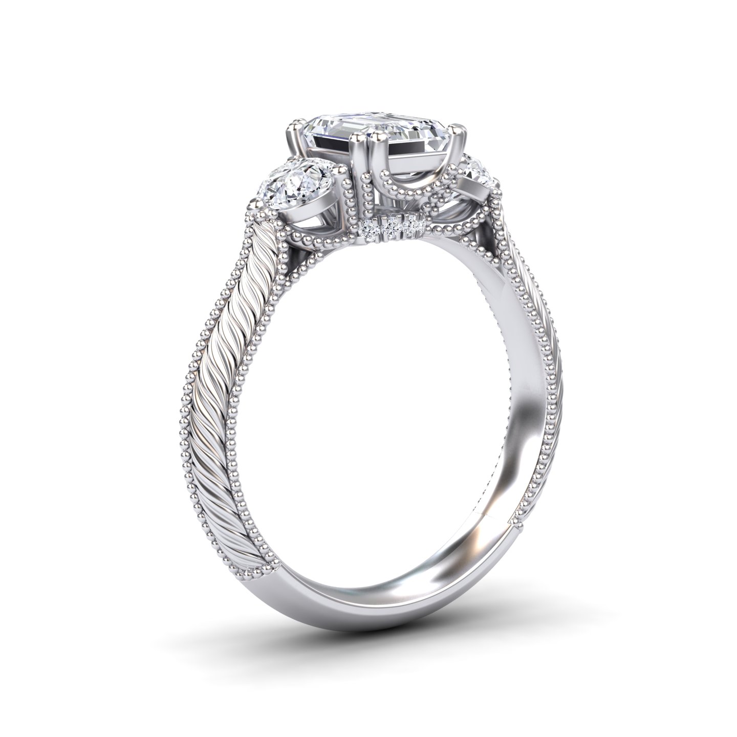 White Diamond Vintage Three-Stone Milgrain Engagement Ring - Kathryn