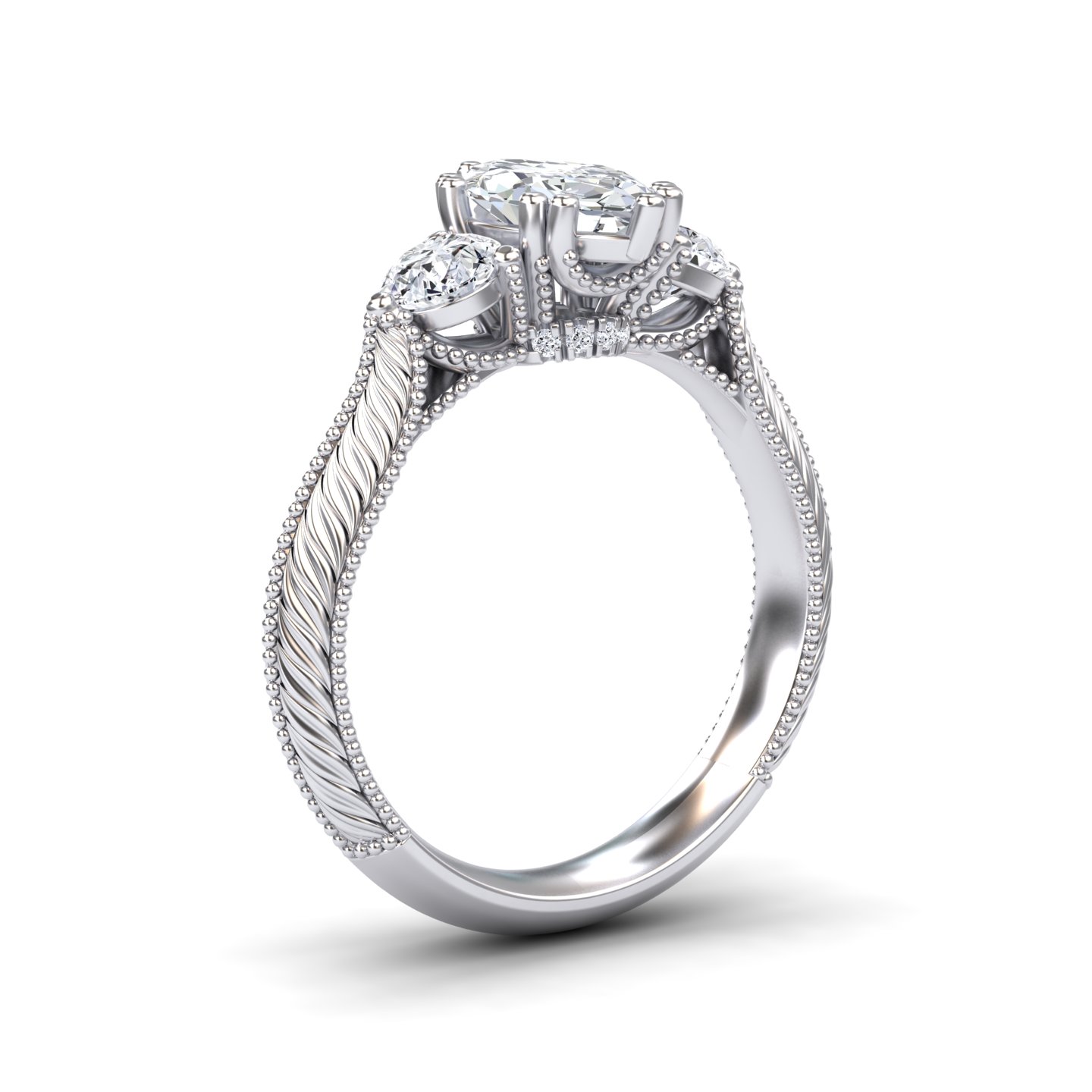 White Diamond Vintage Three-Stone Milgrain Engagement Ring - Kathryn