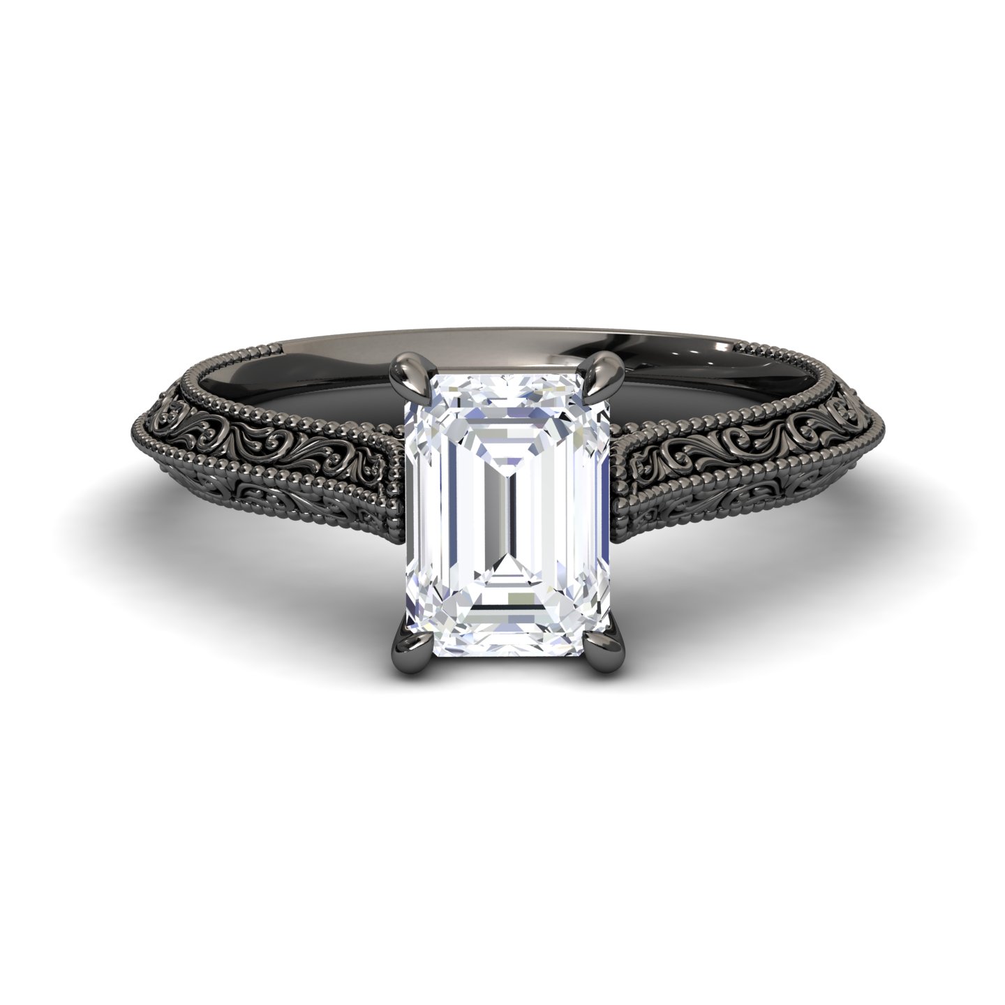 White Diamond Vintage Scroll Engraved Solitaire Engagement Ring - Claudia