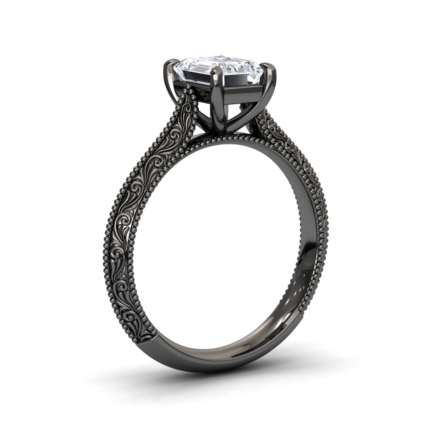 White Diamond Vintage Scroll Engraved Solitaire Engagement Ring - Claudia