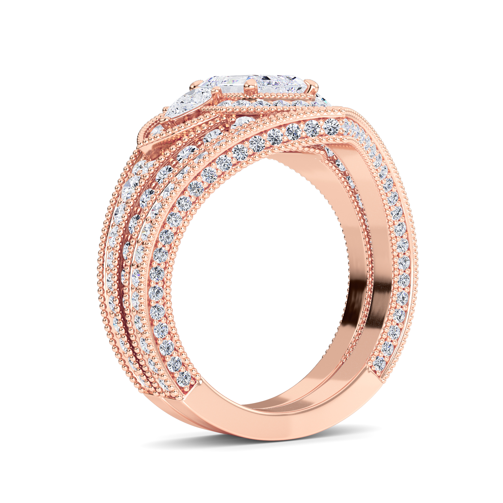 White Diamond Three Stone Halo Pave Bridal Set Engagement Ring - Ottilie