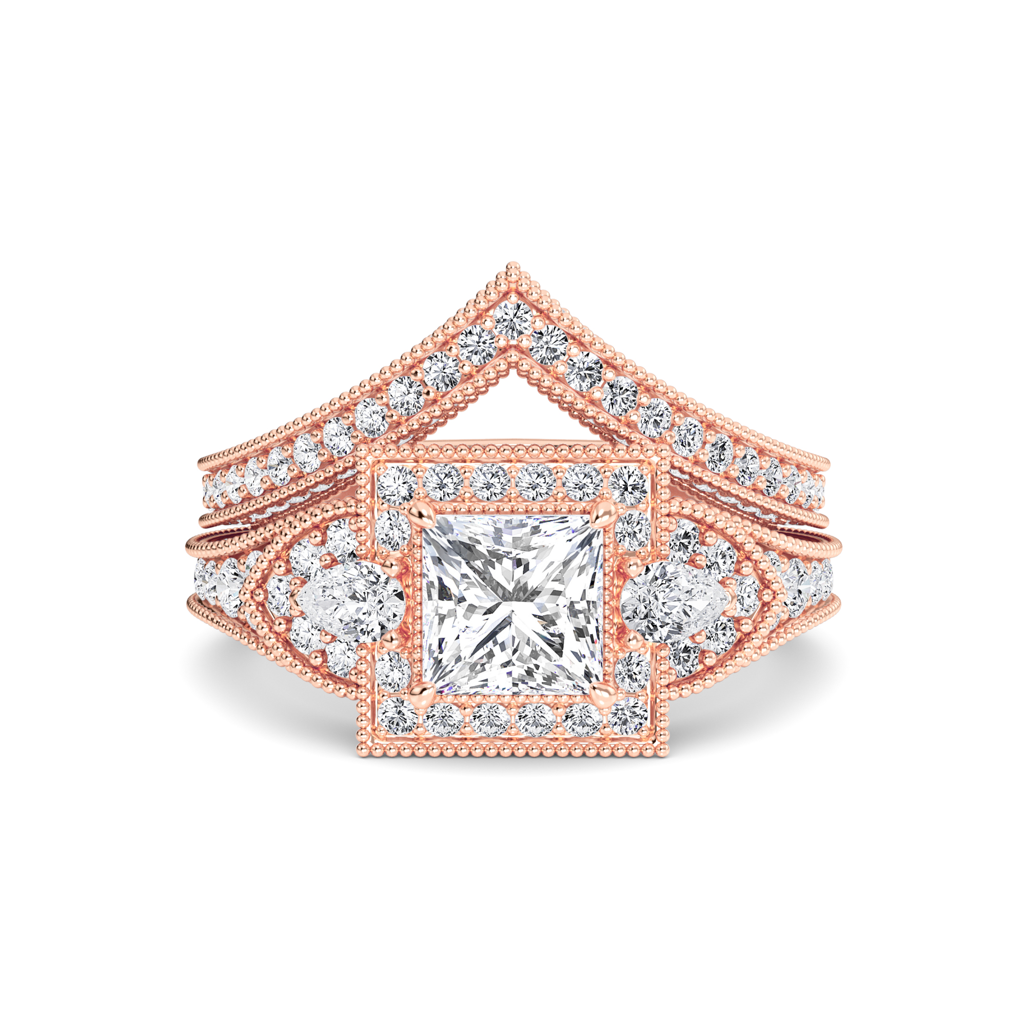 White Diamond Three Stone Halo Pave Bridal Set Engagement Ring - Ottilie
