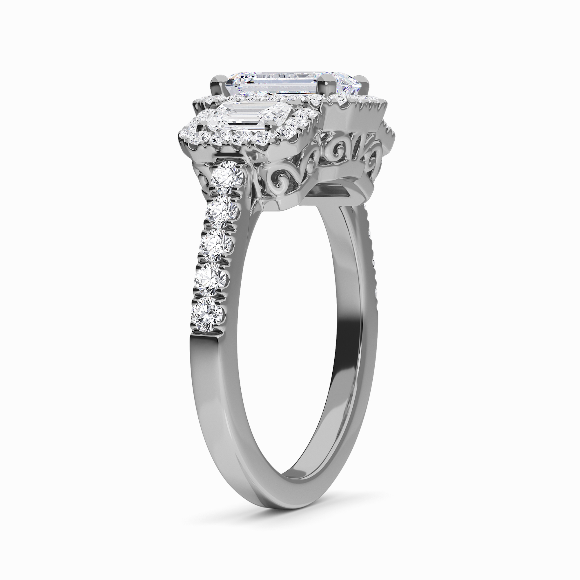 White Diamond Three-Stone Halo Pave-Set Accented Engagement Ring - Madison