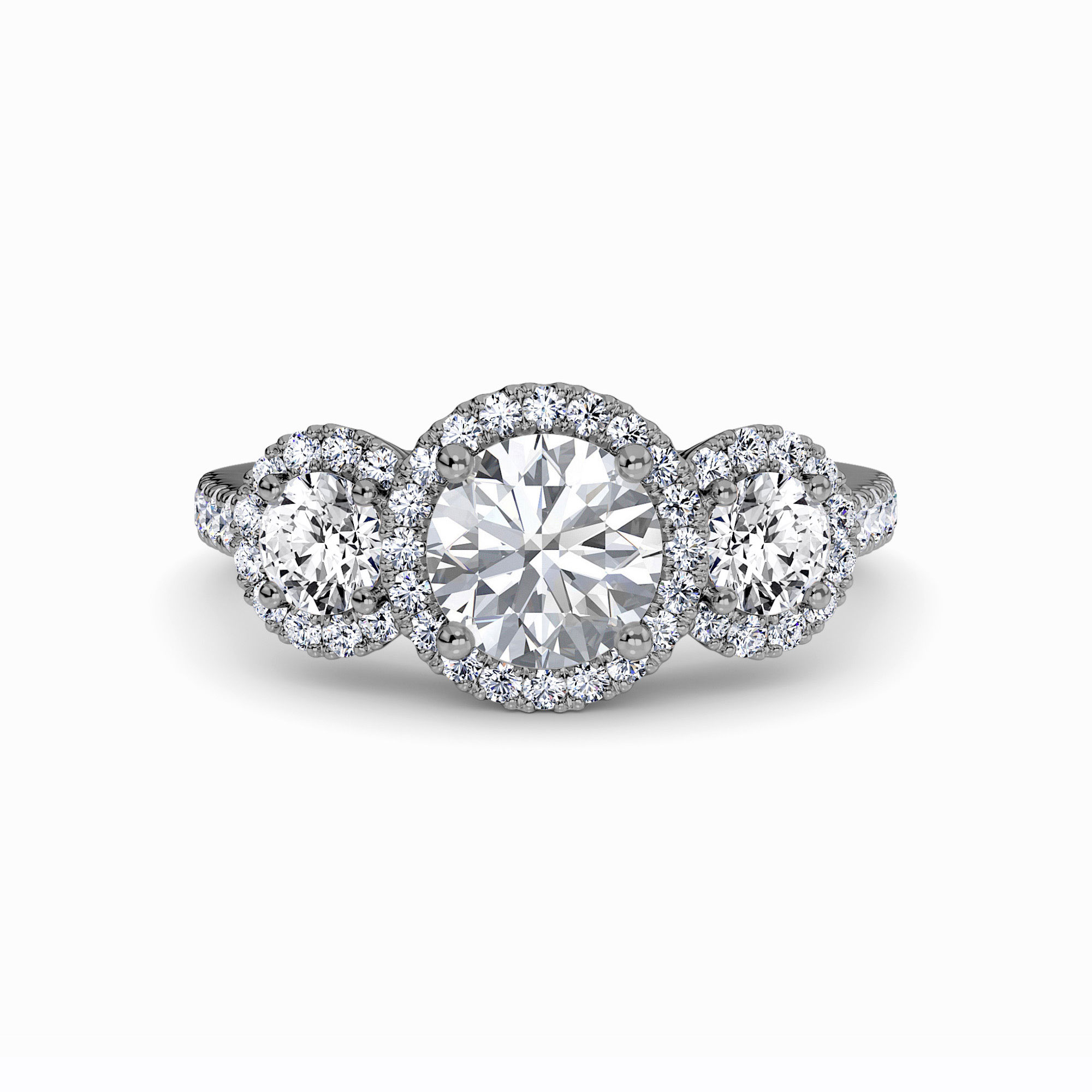 White Diamond Three-Stone Halo Pave-Set Accented Engagement Ring - Madison