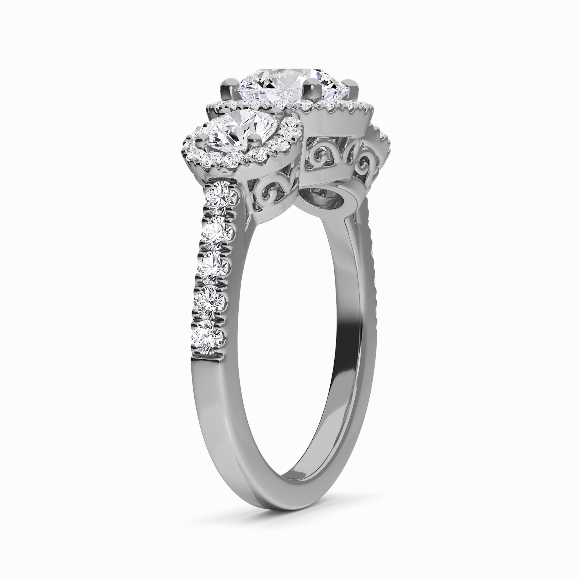 White Diamond Three-Stone Halo Pave-Set Accented Engagement Ring - Madison