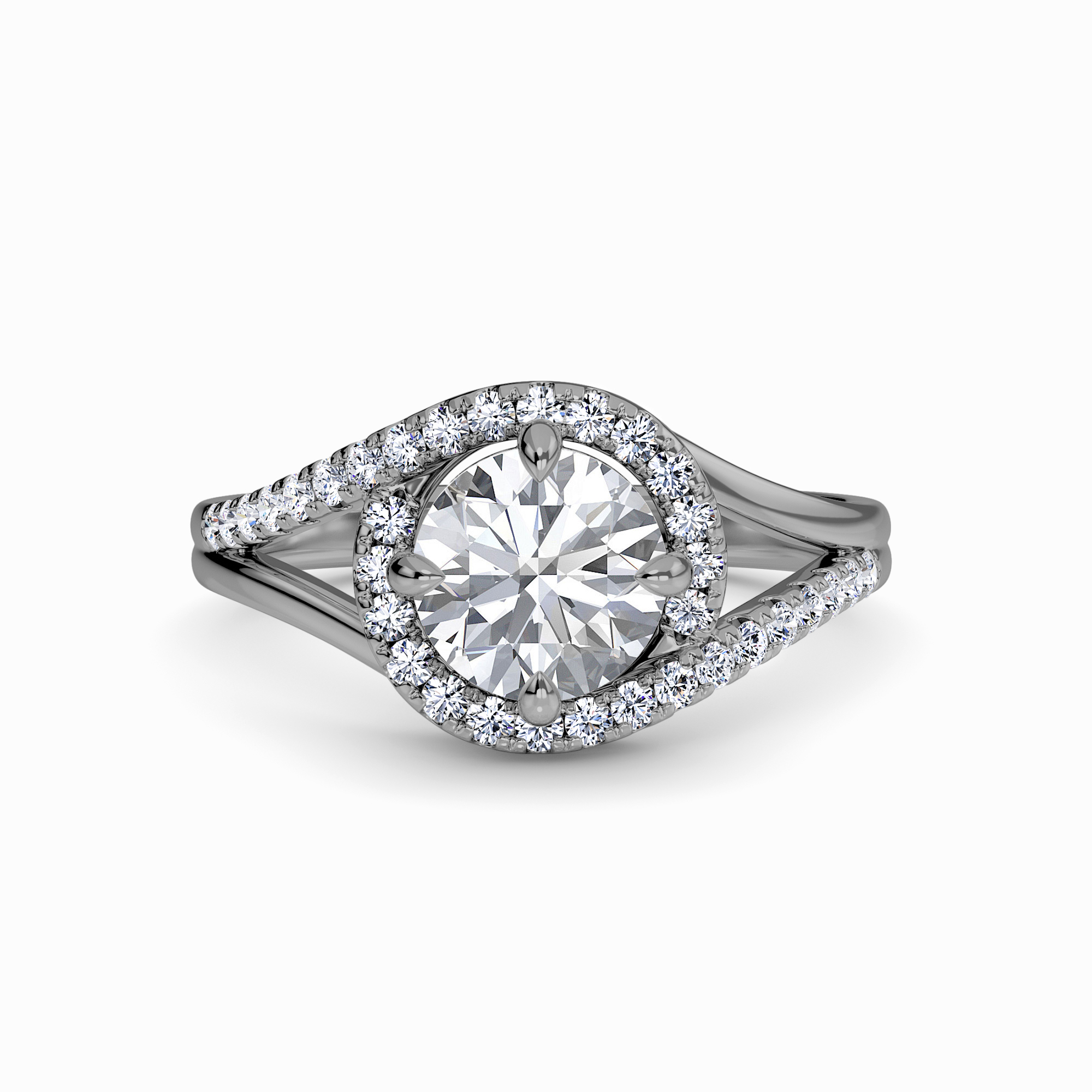 White Diamond Split Shanke Twisting Halo Pave-Set Accented Engagement Ring - Lucy