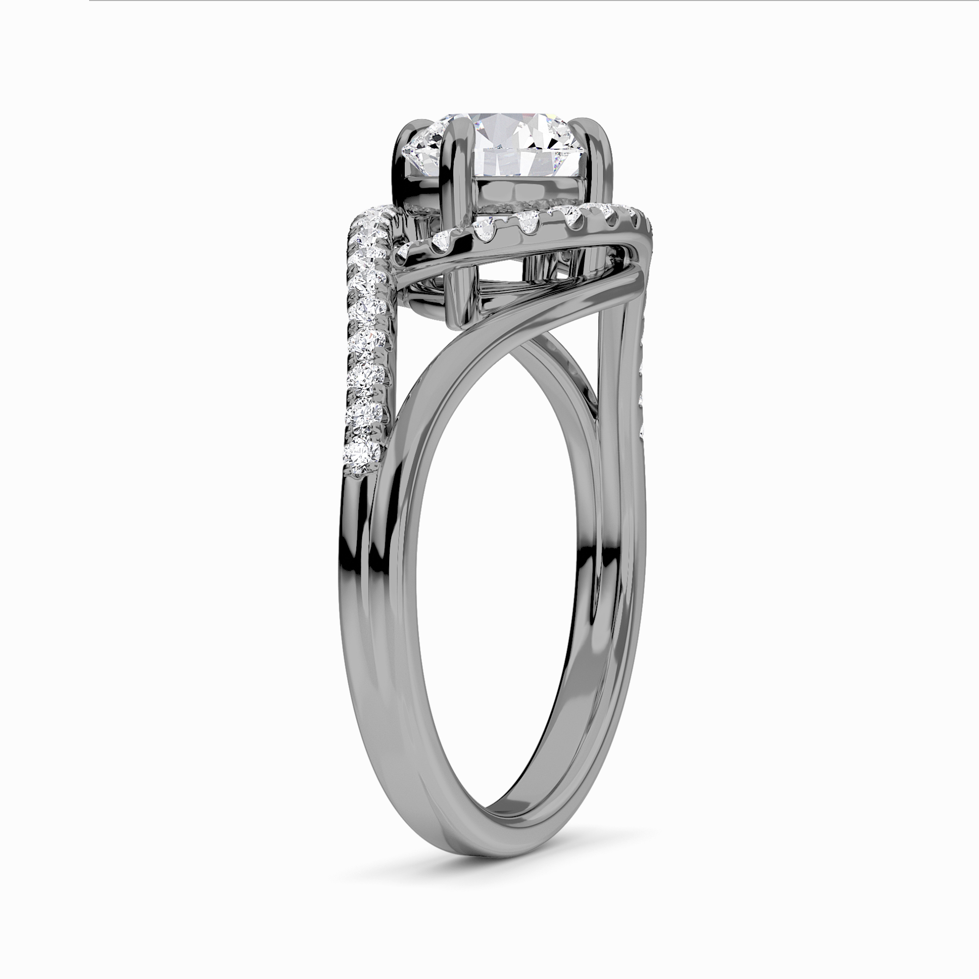 White Diamond Split Shanke Twisting Halo Pave-Set Accented Engagement Ring - Lucy