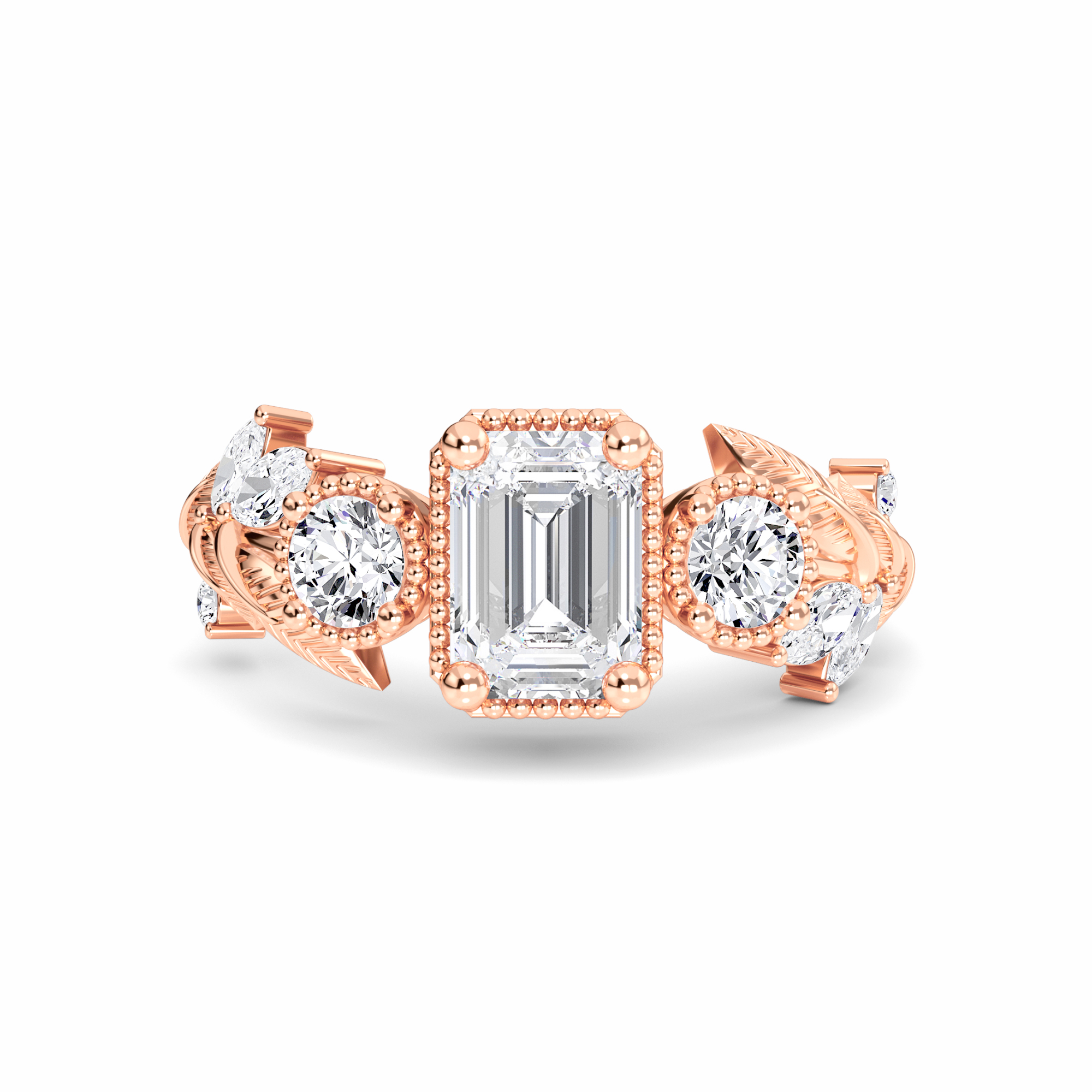 White Diamond Leaf Scroll Celestia Vintage Three-Stone Engagement Ring - Katherine