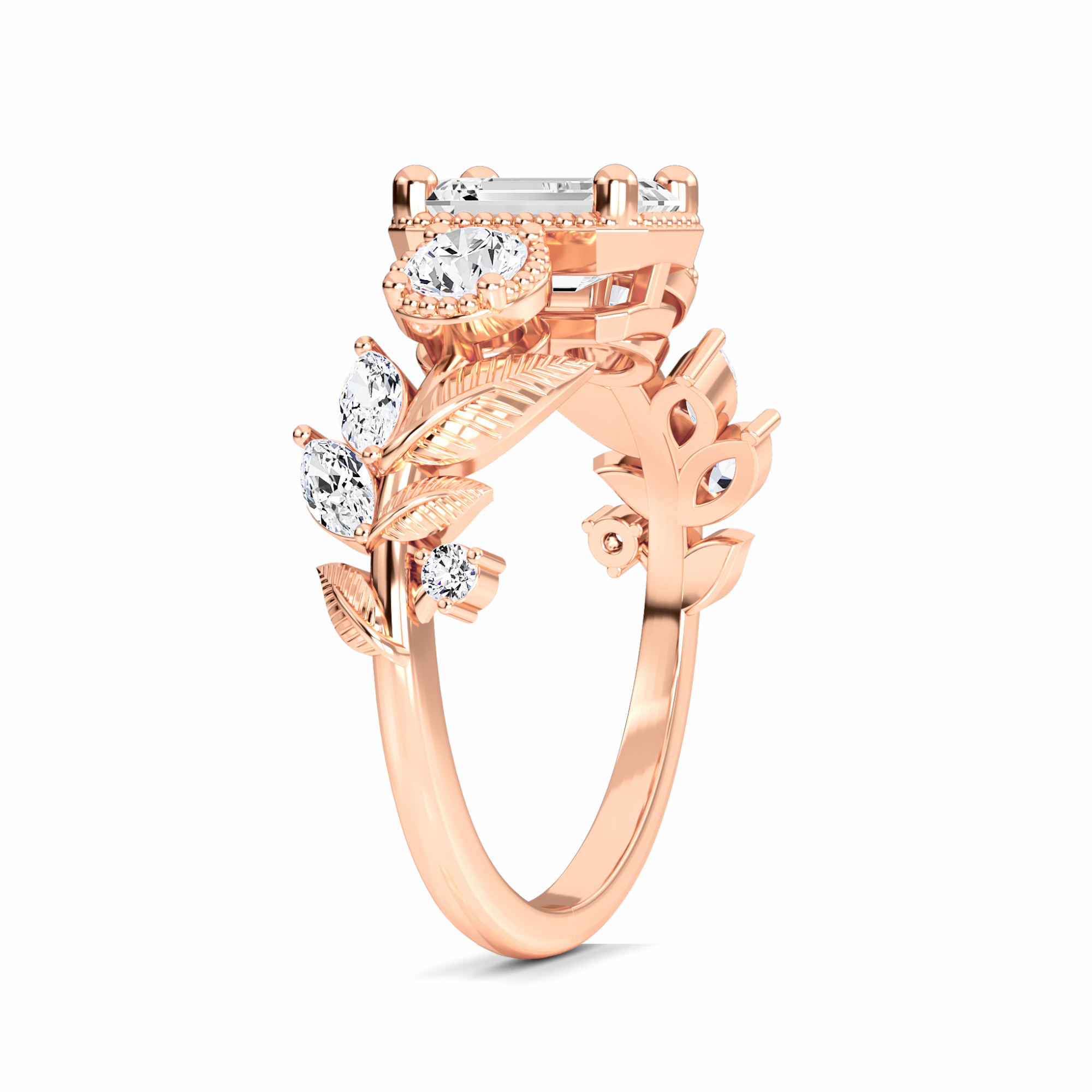 White Diamond Leaf Scroll Celestia Vintage Three-Stone Engagement Ring - Katherine