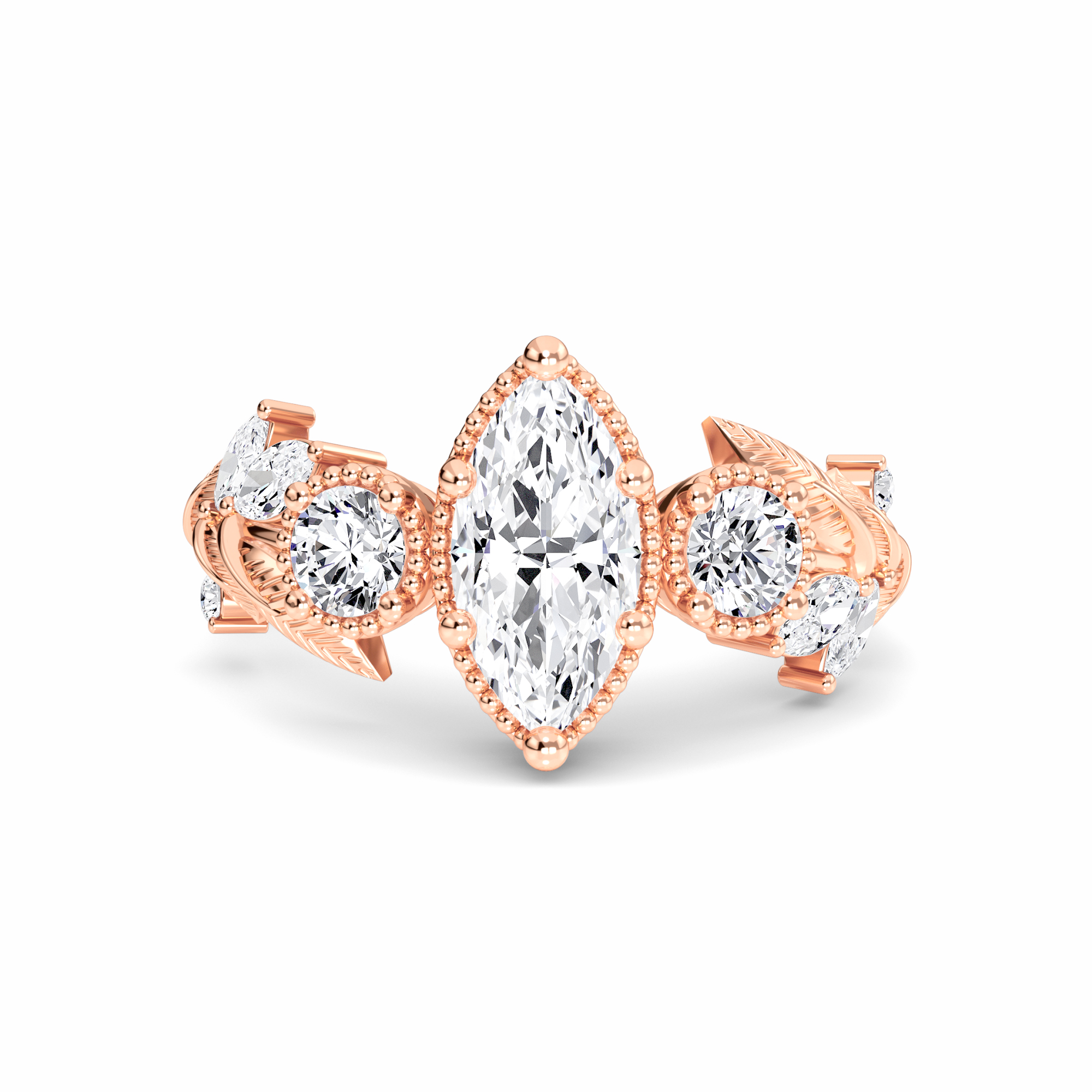 White Diamond Leaf Scroll Celestia Vintage Three-Stone Engagement Ring - Katherine