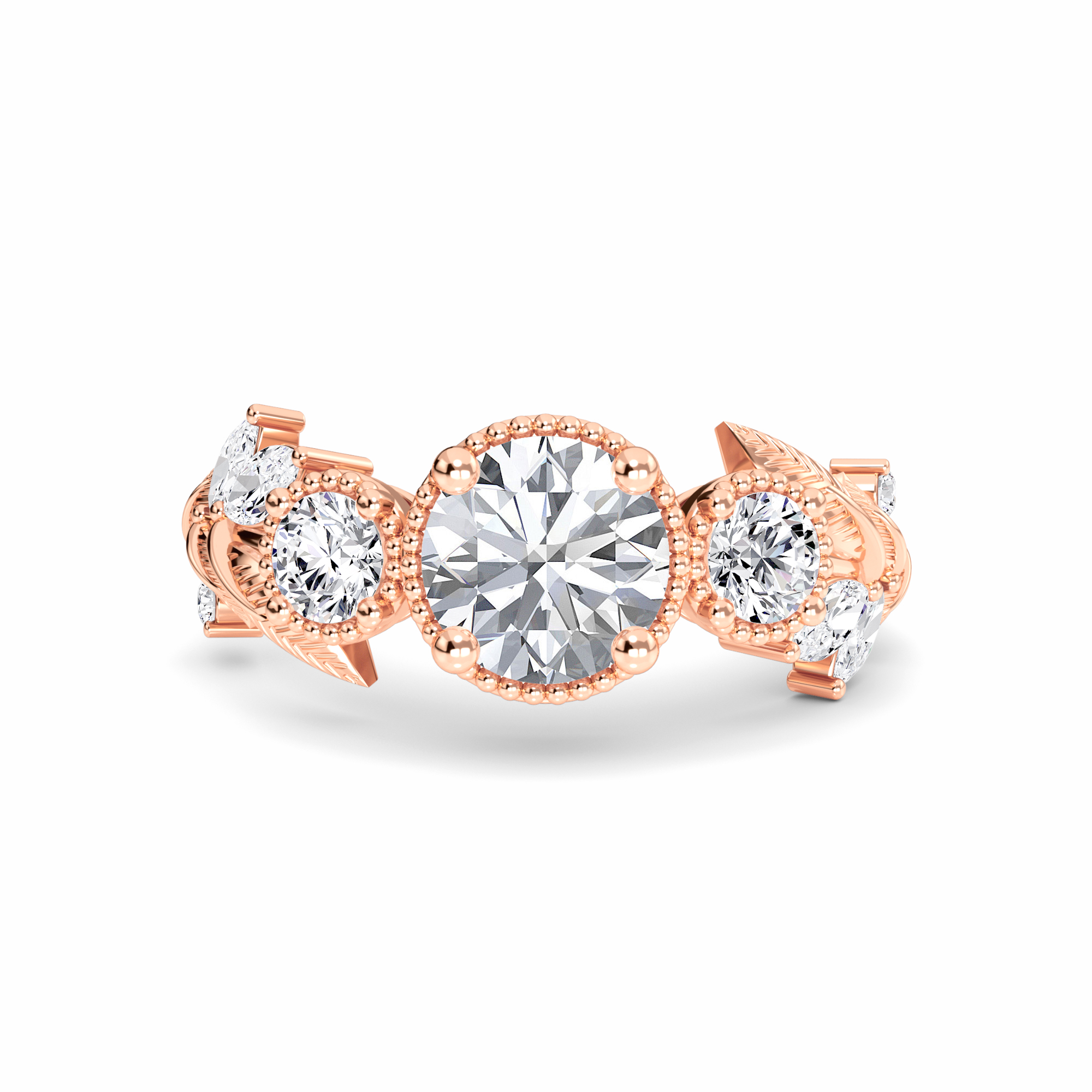 White Diamond Leaf Scroll Celestia Vintage Three-Stone Engagement Ring - Katherine