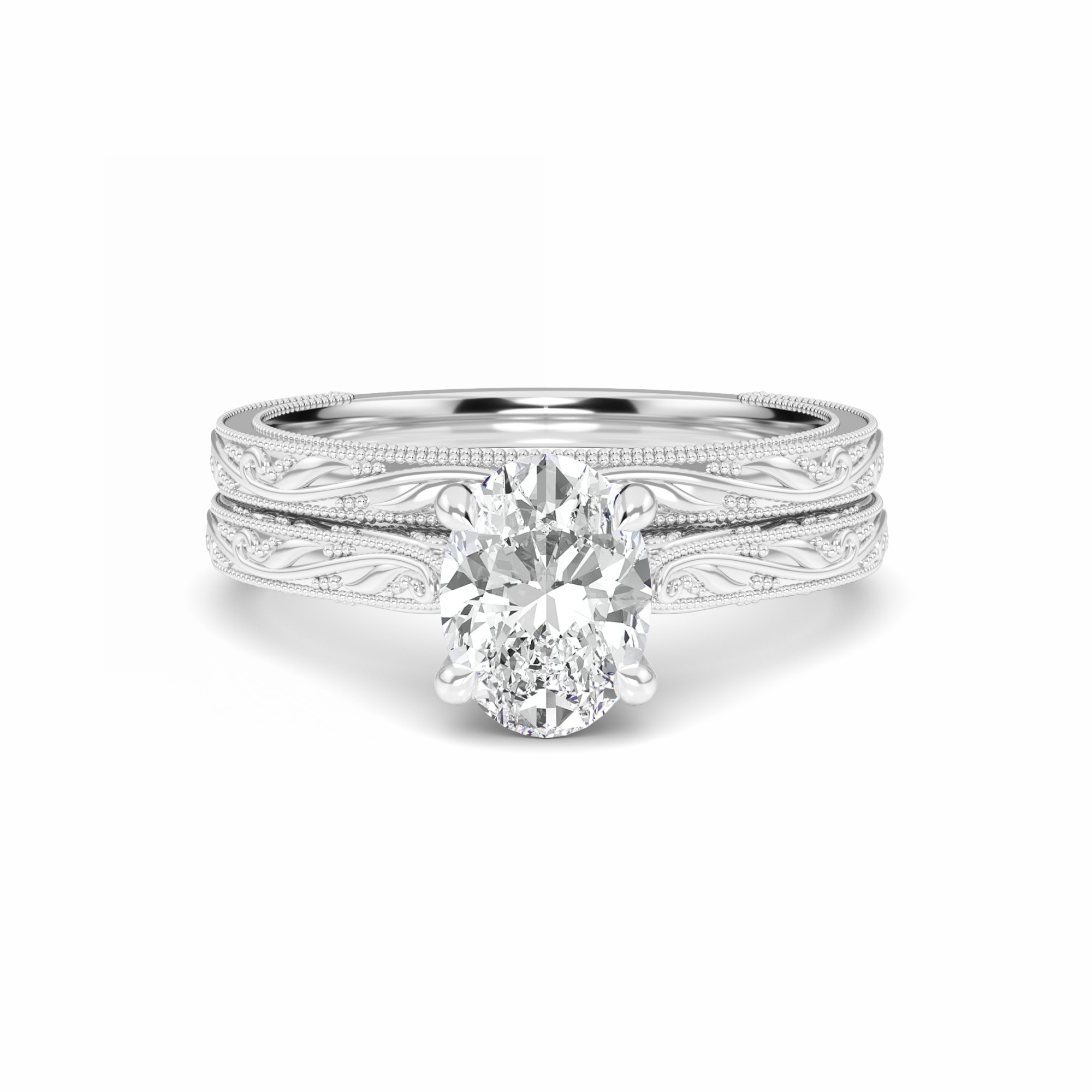White Diamond Delicate Vine-Inspired Bridal Set Engagement Ring - Adelaide