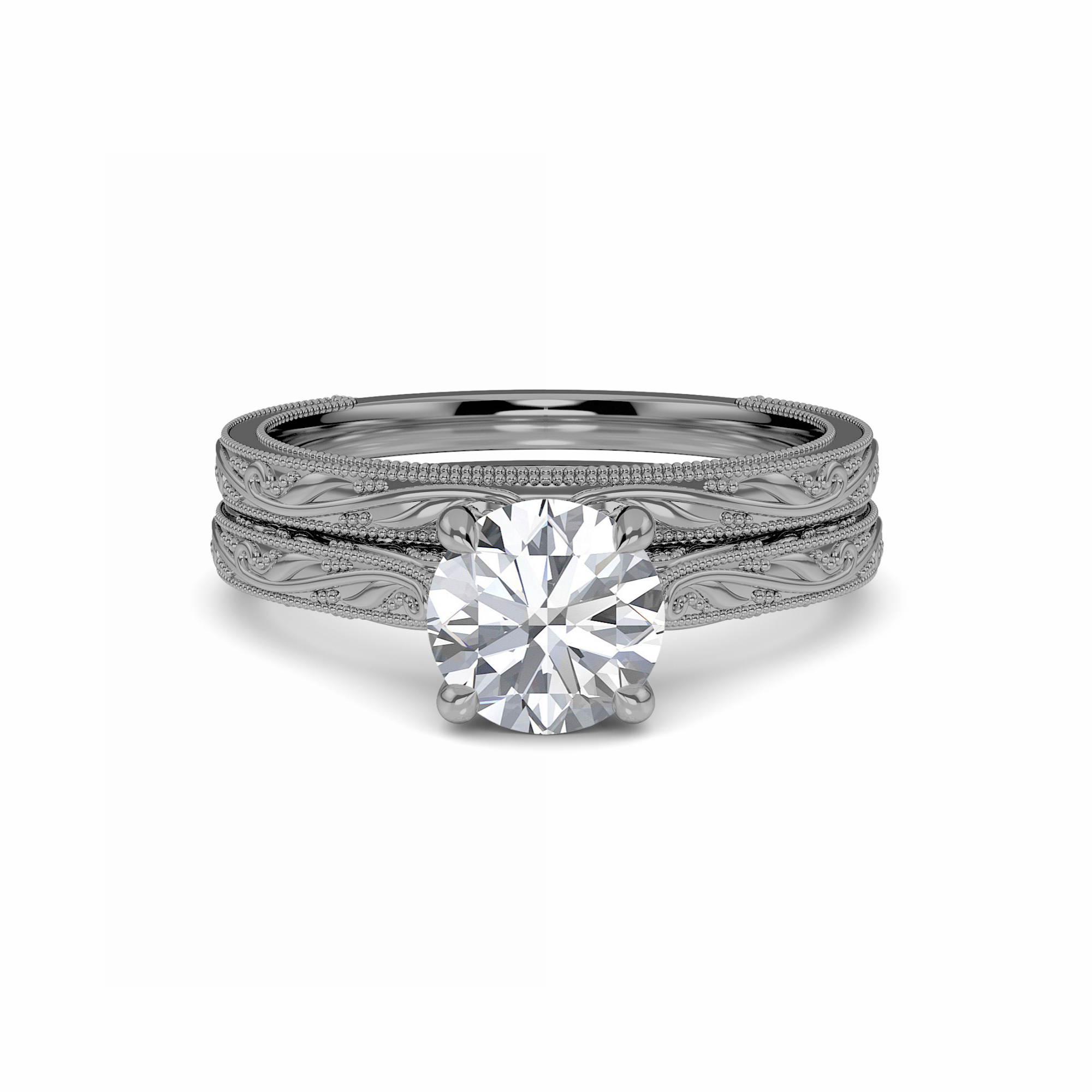 White Diamond Delicate Vine-Inspired Bridal Set Engagement Ring - Adelaide
