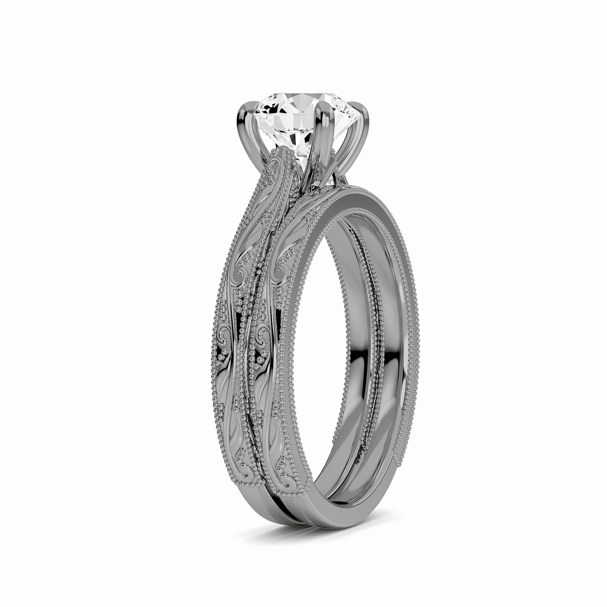 White Diamond Delicate Vine-Inspired Bridal Set Engagement Ring - Adelaide