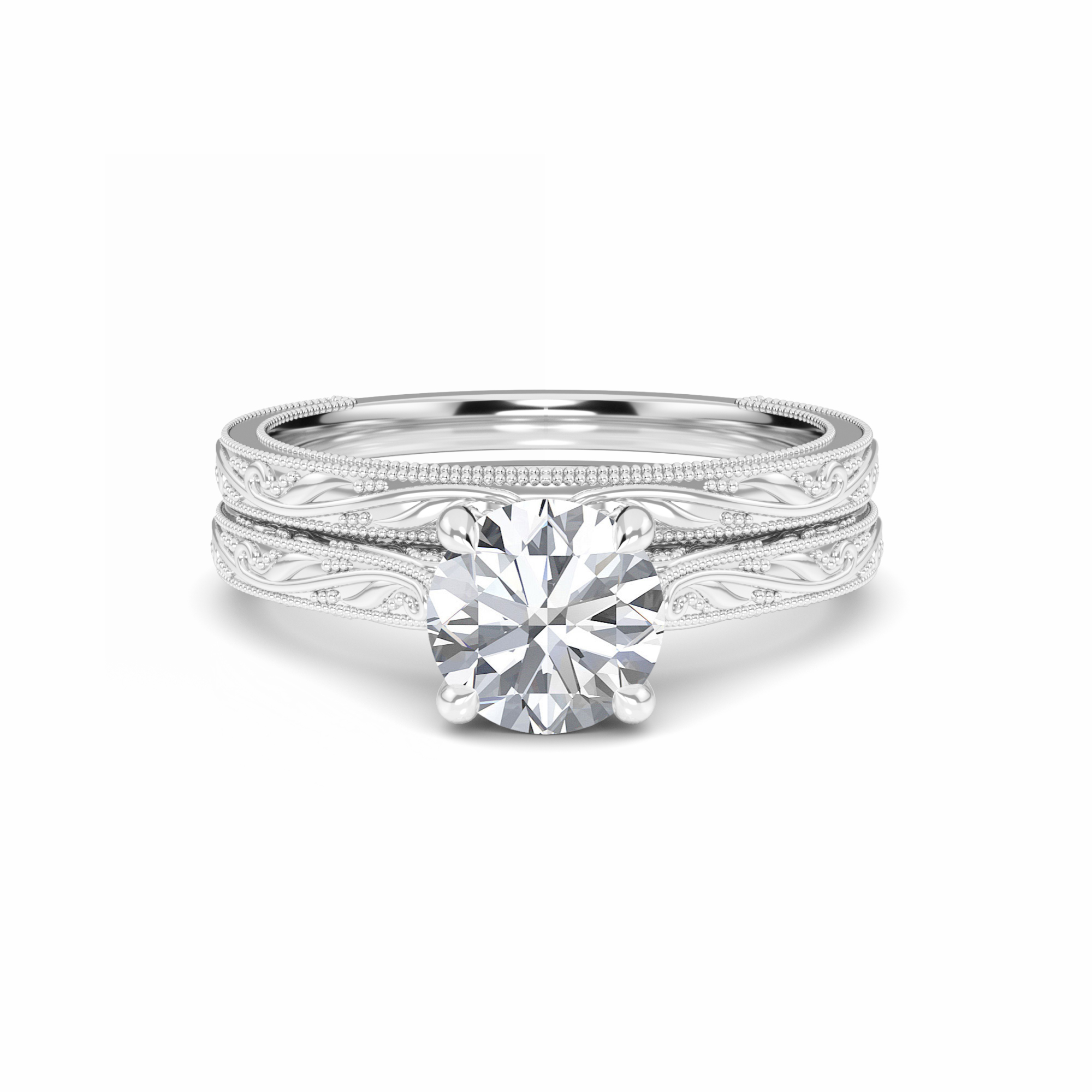 White Diamond Delicate Vine-Inspired Bridal Set Engagement Ring - Adelaide